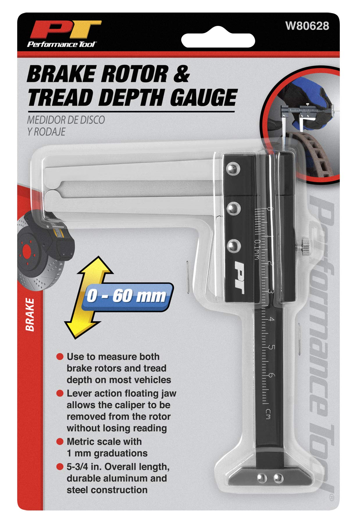 Brake Rotor Caliper and Tire Tread Depth Gauge Performance Tool W80628 with Metric Scale, Lever Action Floating Jaw, and T-Base for Most Vehicles