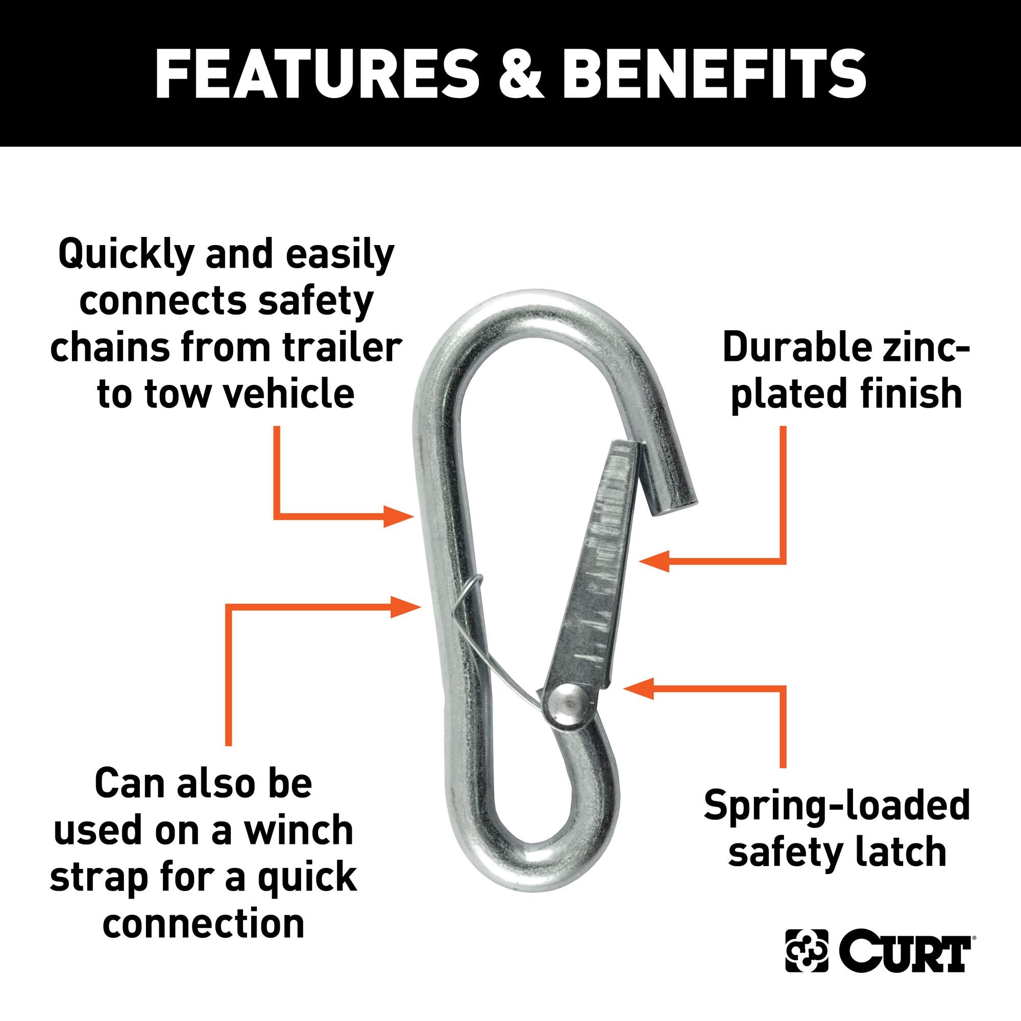 CURT Snap Hook 81261 Trailer Safety Chain Hook Carabiner Clip, 3/8-Inch Diameter, 2,000 lbs