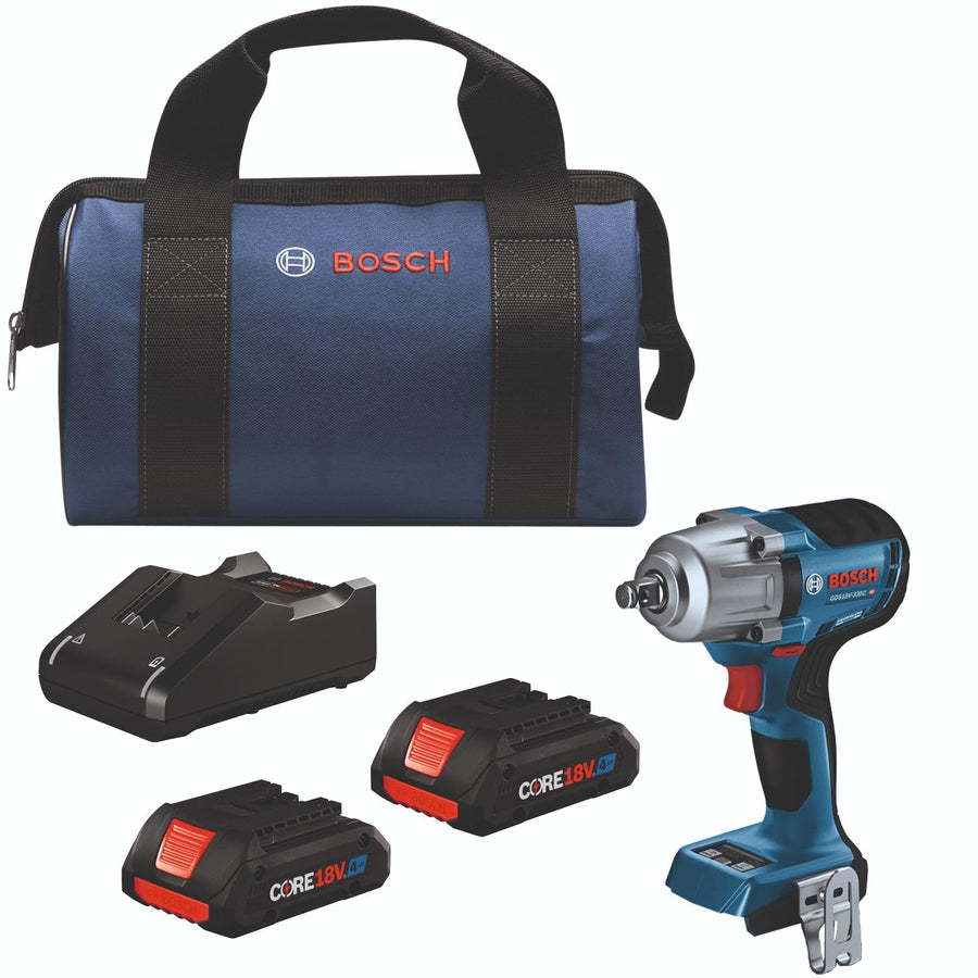 Bosch GDS18V-330CB25 1/2 In. Mid-Torque Impact Wrench Kit with Friction Ring and Thru-Hole 18V Brushless Connected-Ready and (2) CORE18V® 4 Ah Advanced Power Batteries