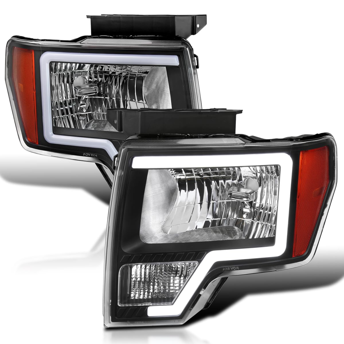 Black LED Tube Headlights SPEC-D TUNING Compatible with 2009-2014 Ford F150 F-150, Left + Right Pair Headlamps Assembly