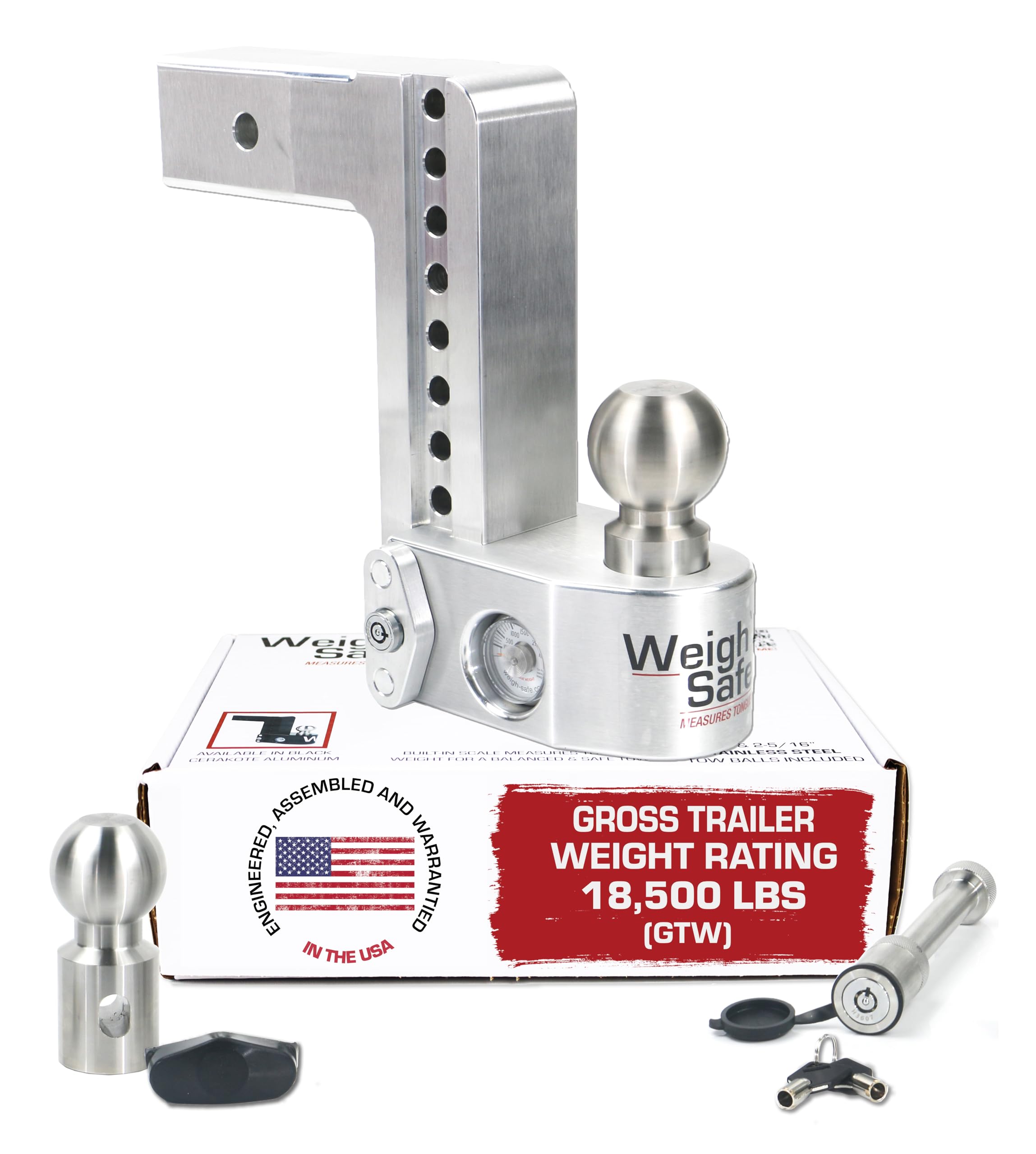 Weigh Safe Adjustable Hitch Ball Mount Trailer - 8" Drop for 2.5" Receiver w/ 2 pc Keyed Alike Lock Set, Premium Aluminum Trailer Tow Hitch w/ Built in Weight Scale for Anti Sway, 18,500 lbs GTW