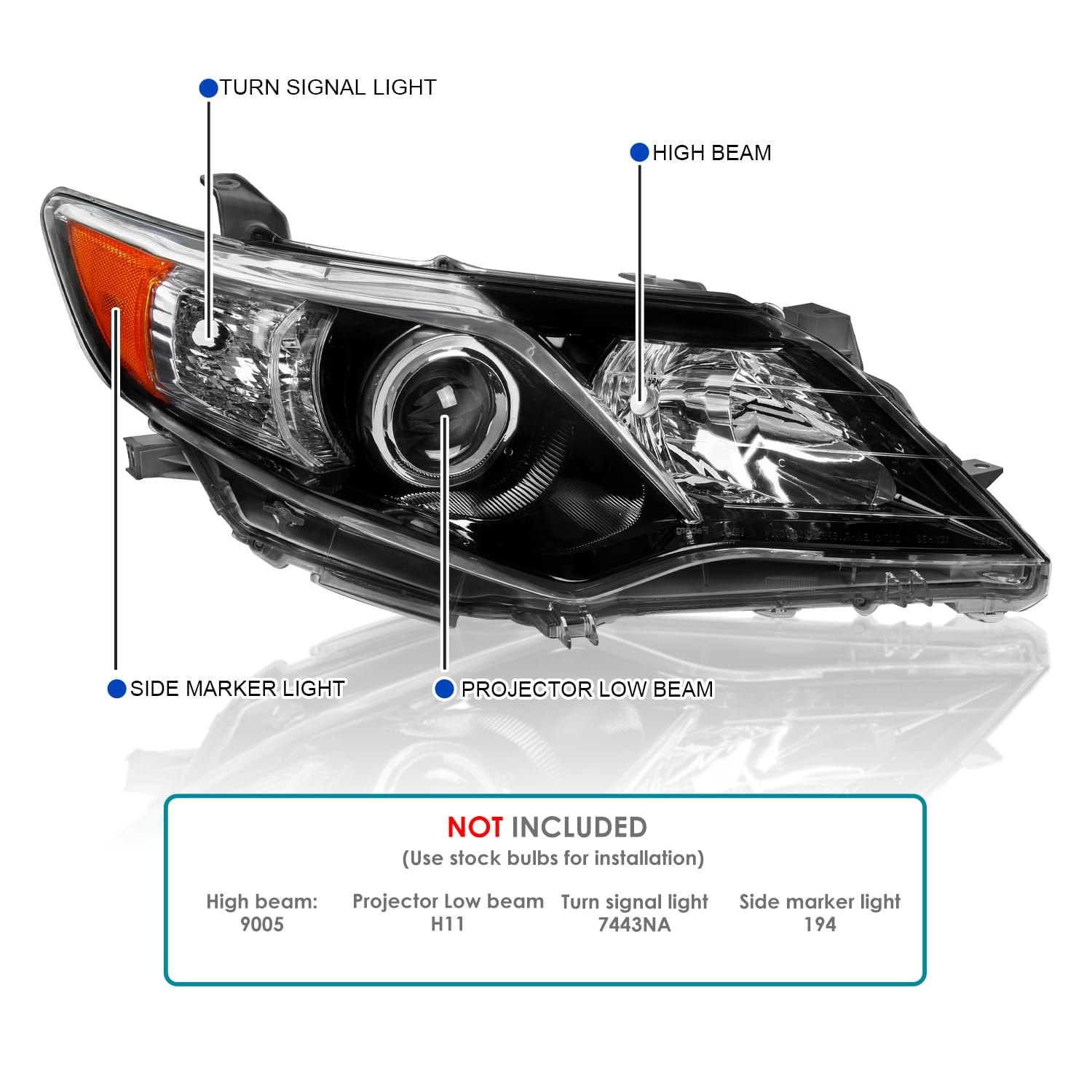 Right Passenger Side SPEC-D TUNING Glossy Black Projector Headlight Compatible with 2012-2014 Toyota Camry