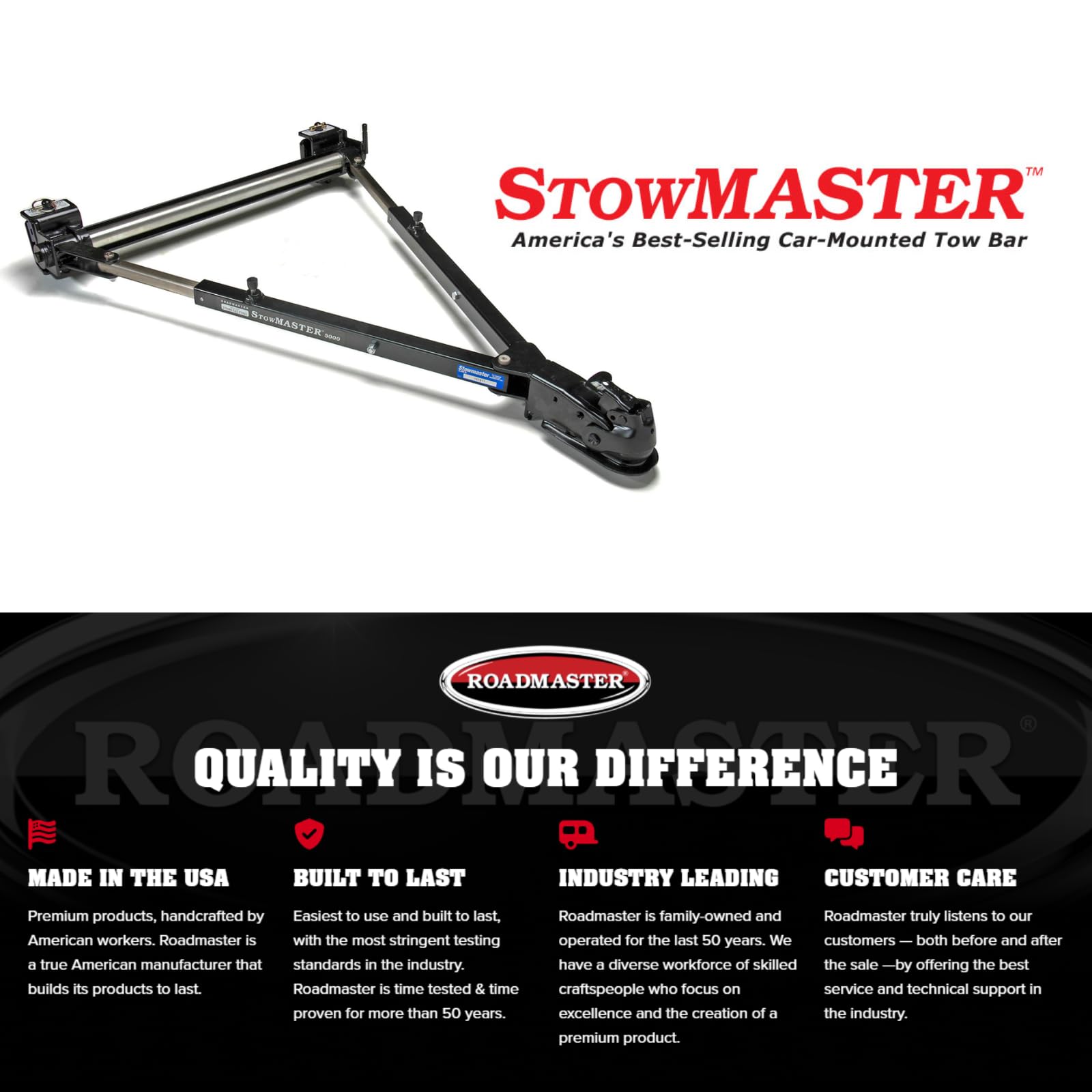 Stowmaster Roadmaster 501 Tow Bar with 2" Coupler fits Baseplates | Hauls Up to 6,000 lbs | Large Hook-Up Radius | Powder-Coated Finish | Self-lubricating Bushings