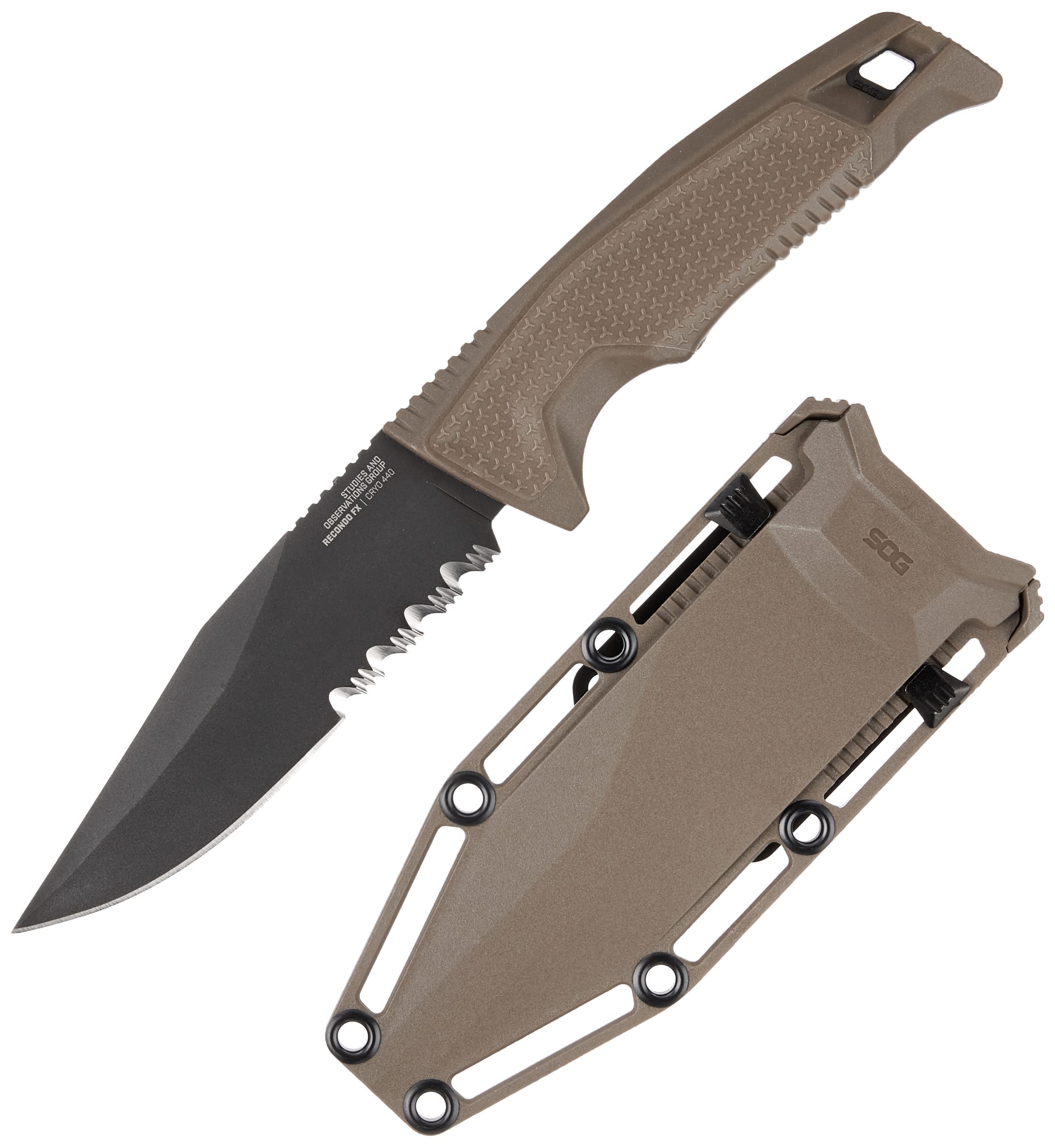 Recondo FX SOG Partially Serrated Fixed-Blade Tactical Duty Knife |Full-Tang CRYO 440C Stainless Steel Blade | Rubberized Grip, FDE