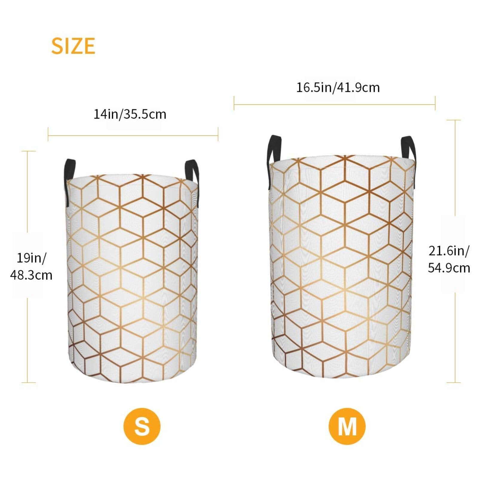 Marble Texture Large Storage Baskets, Pattern Design With Golden Cubes, Geometric, Drawstring Waterproof Round Collapsible Laundry Hamper for Dirty Clothes Toy Home Office 21.6"X16.5"