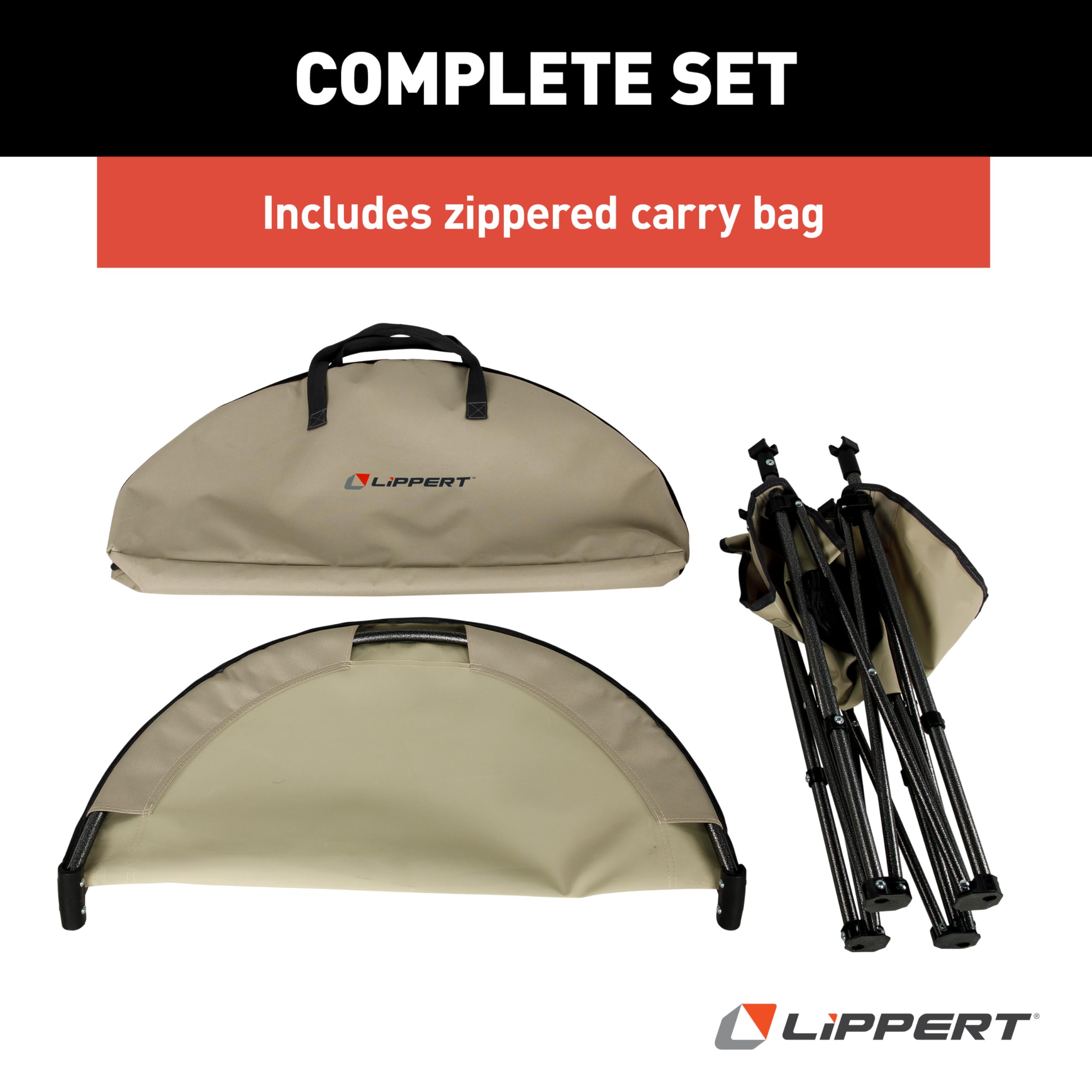 Lippert Two-Tier Sand Folding Camping Table with Dual Cupholders, 600D Polyester Fabric, Powder-Coated Steel Frame, Foldable Design, Lightweight Construction, Zippered Carry Bag - 2023053721