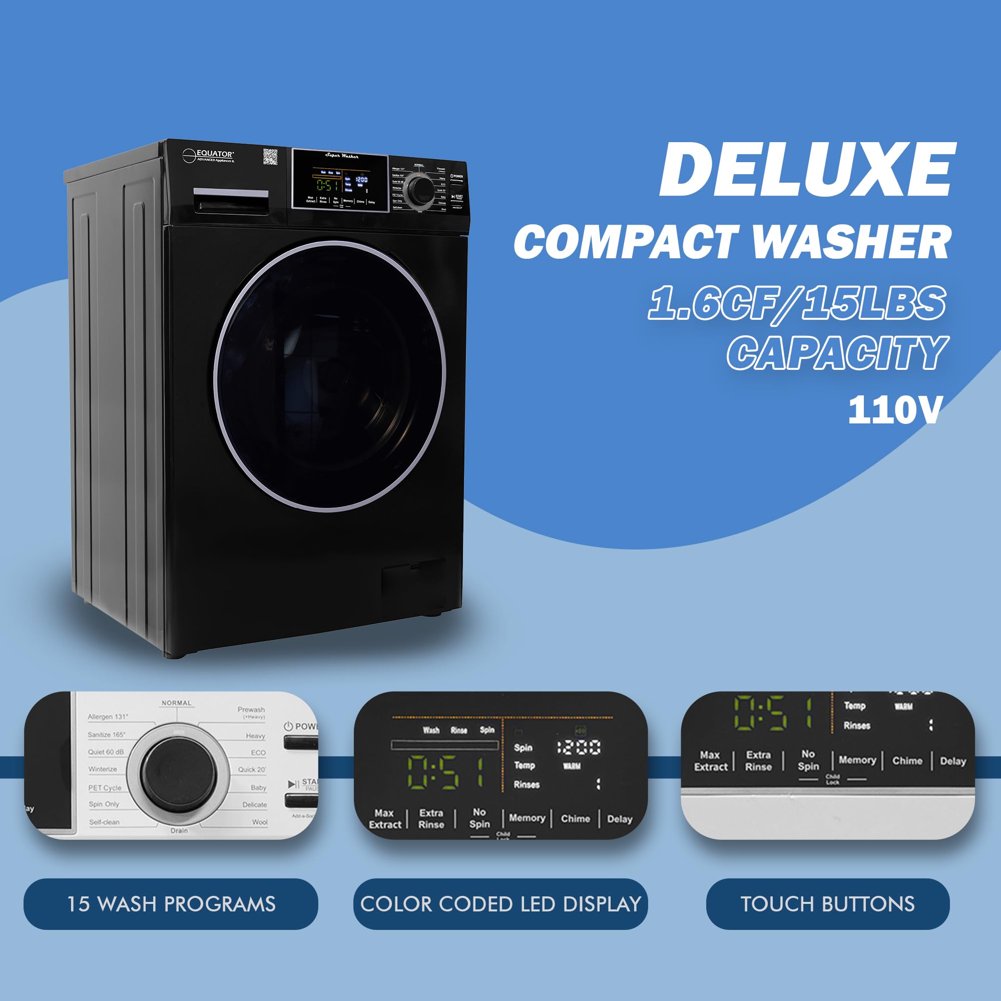 Compact Equator Washer 1.6cf/15lbs PET CYCLE 15 Programs 110V in Black