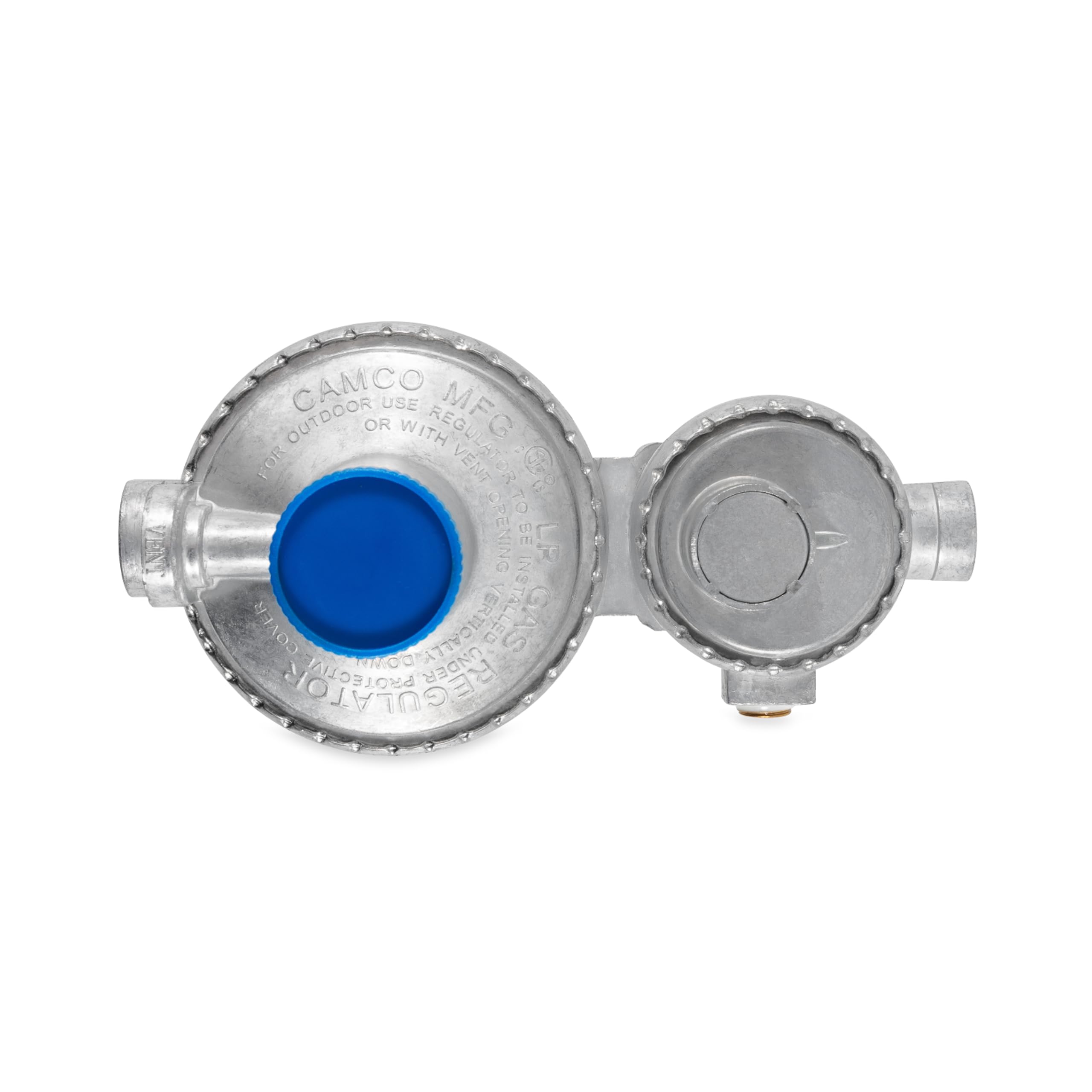 Vertical Camco Two Stage Propane Regulator - Compatible with 20 lb or 30 lb Propane Tanks with ACME Threads - 1/4-inch Female NPT inlet and 3/8-inch Female NPT outlet (59313)