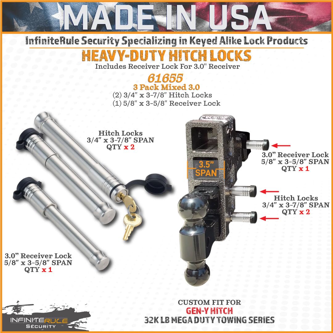 3 Pack Mixed 3.0, Keyed Alike, Hitch Locks for Gen-Y Mega Duty 32K LB Series - Includes Lock for 3.0" Receiver