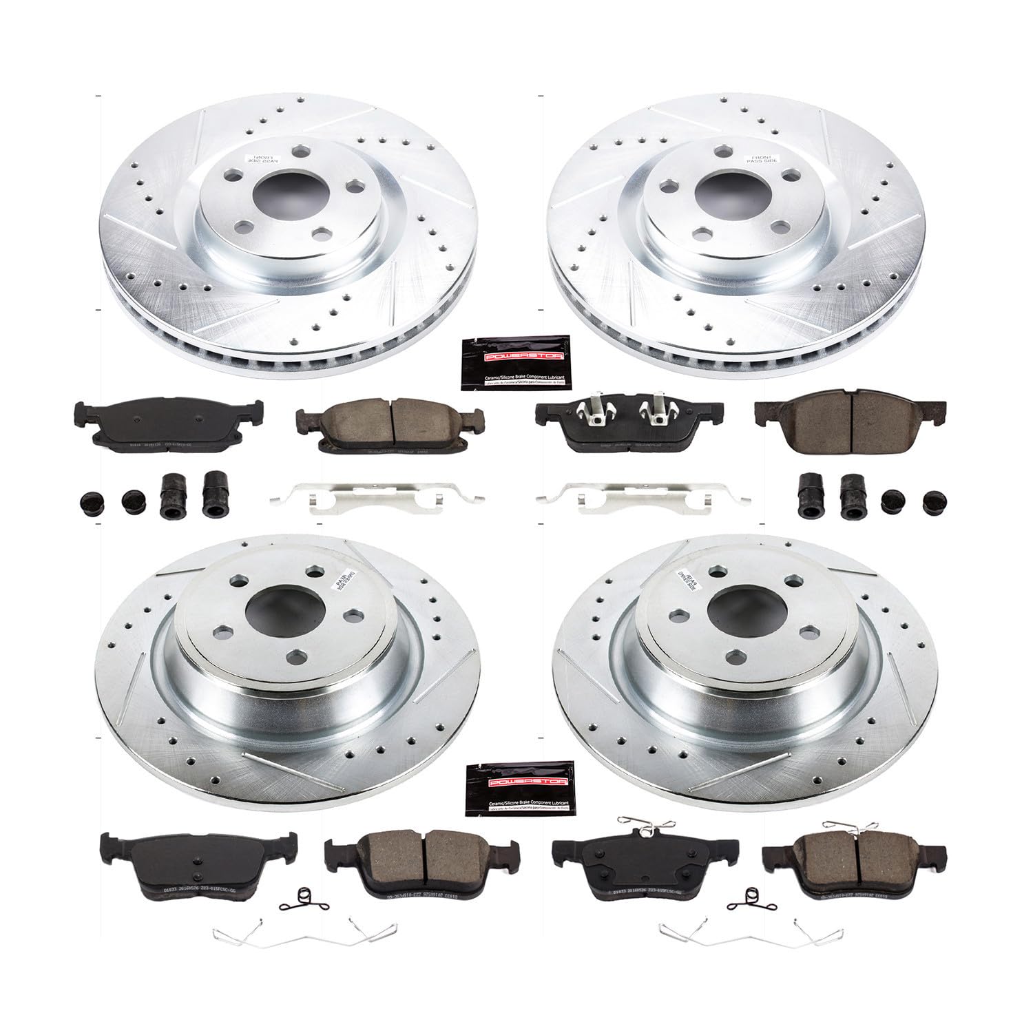 Power Stop K7419 Z23 Carbon Fiber Brake Pads Front and Rear with Drilled & Slotted Brake Rotors Kit For Ford Edge 2015-2020 [Model Specific]