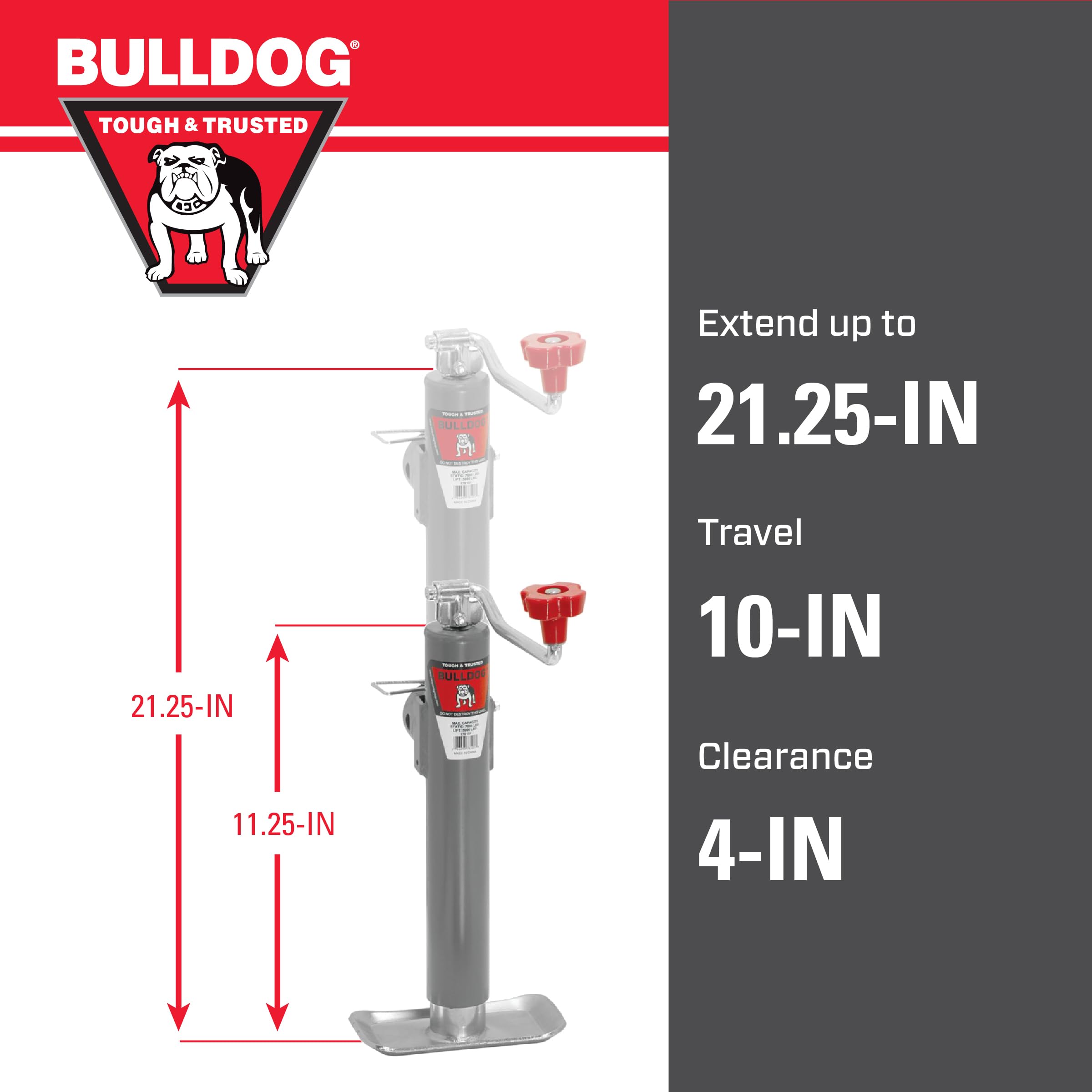 178101 Bulldog Round Trailer Jack, Side Mount, 5,000 lbs. Lift Capacity, Topwind, Weld-On, 10 Inch Travel