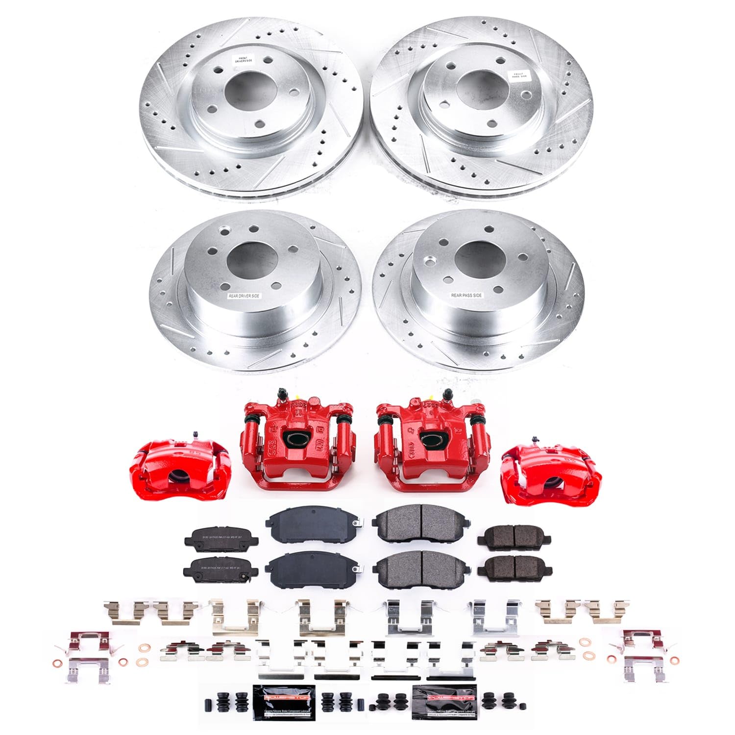 Power Stop Z23 Brake Pads and Rotors Front and Rear Brake Kit with Red Powder Coated Calipers For Nissan Sentra 2019 [Application Specific]