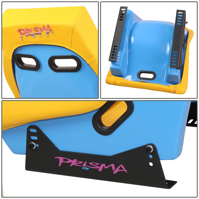 NRG Innovations Prisma GT Fixed Back Bucket Racing Seat with Yellow Mount Bracket, Yellow Leather Yellow Stitching/GT Oasis Blue Back