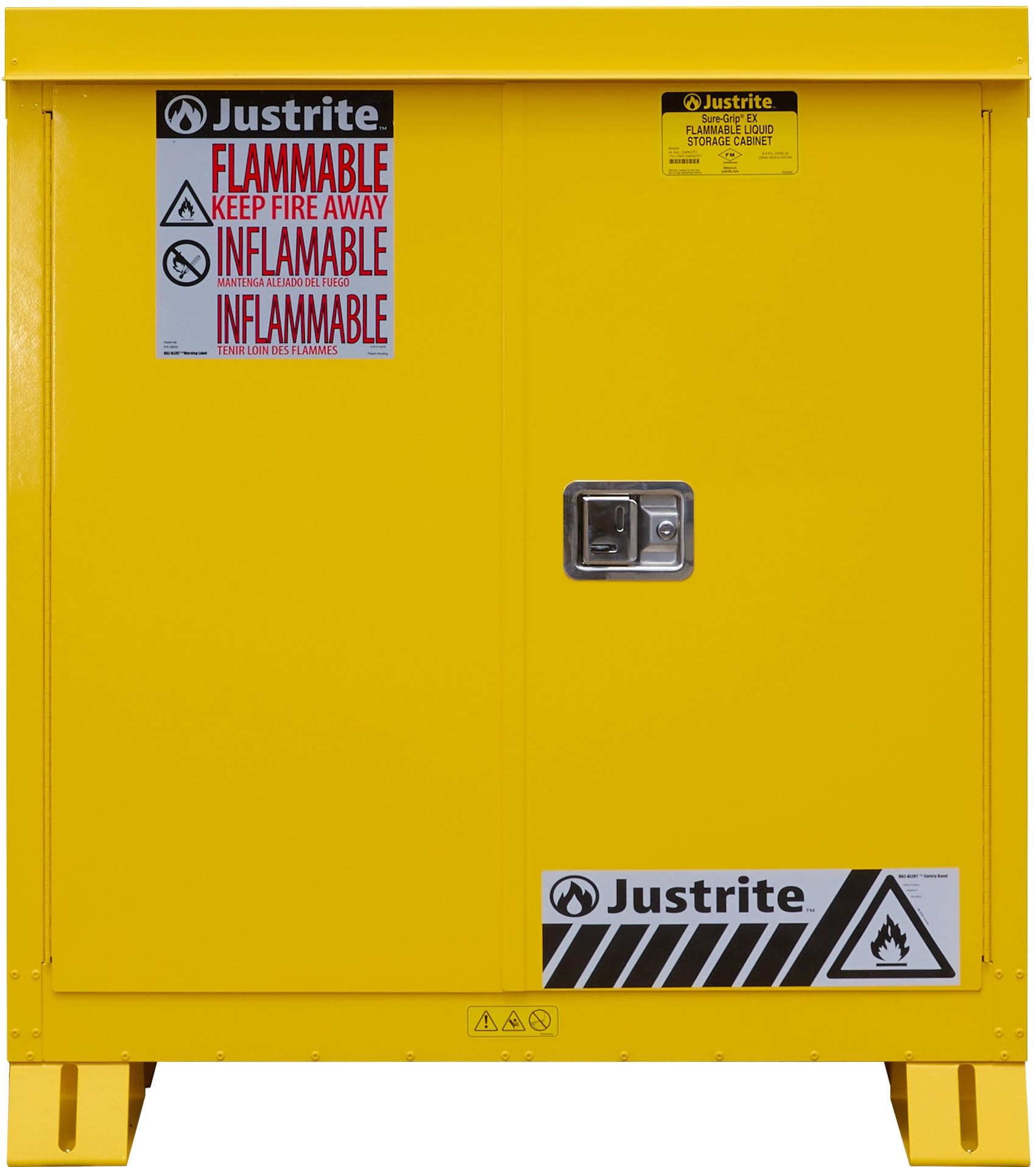 Justrite Outdoor Reinforced Steel Flammable Liquid Storage Cabinet, 2 Shelves with 350 lb. Capacity, 2 Manual-Close Door Fire Cabinet, 30 Gallon, 44"x 43"x 18", Made in The USA, Yellow, 813000
