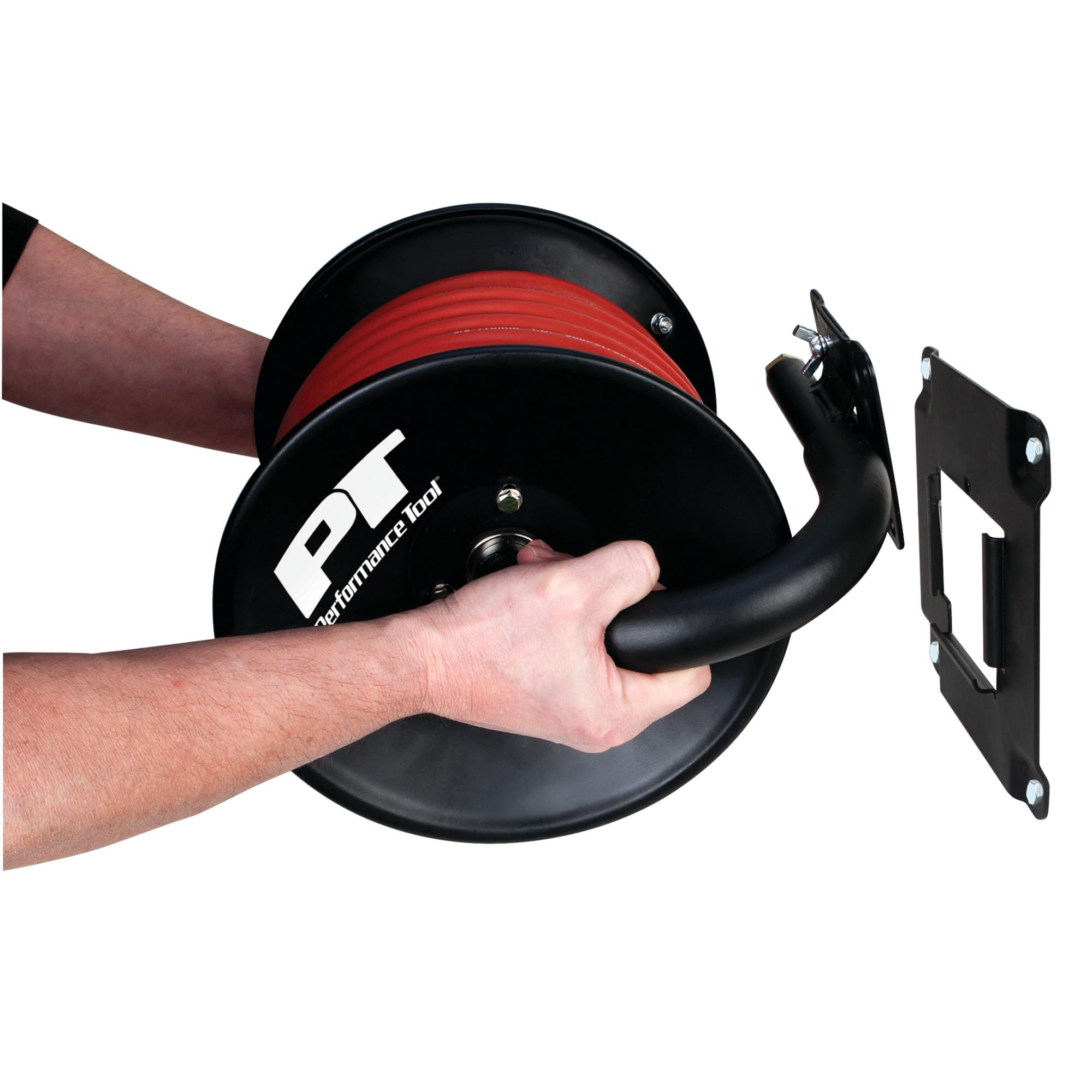Quick Mount Performance Tool M672 Hand Crank Air Hose Reel (3/8-Inch Air Hose x 50 ft. Capacity, Hose Included)