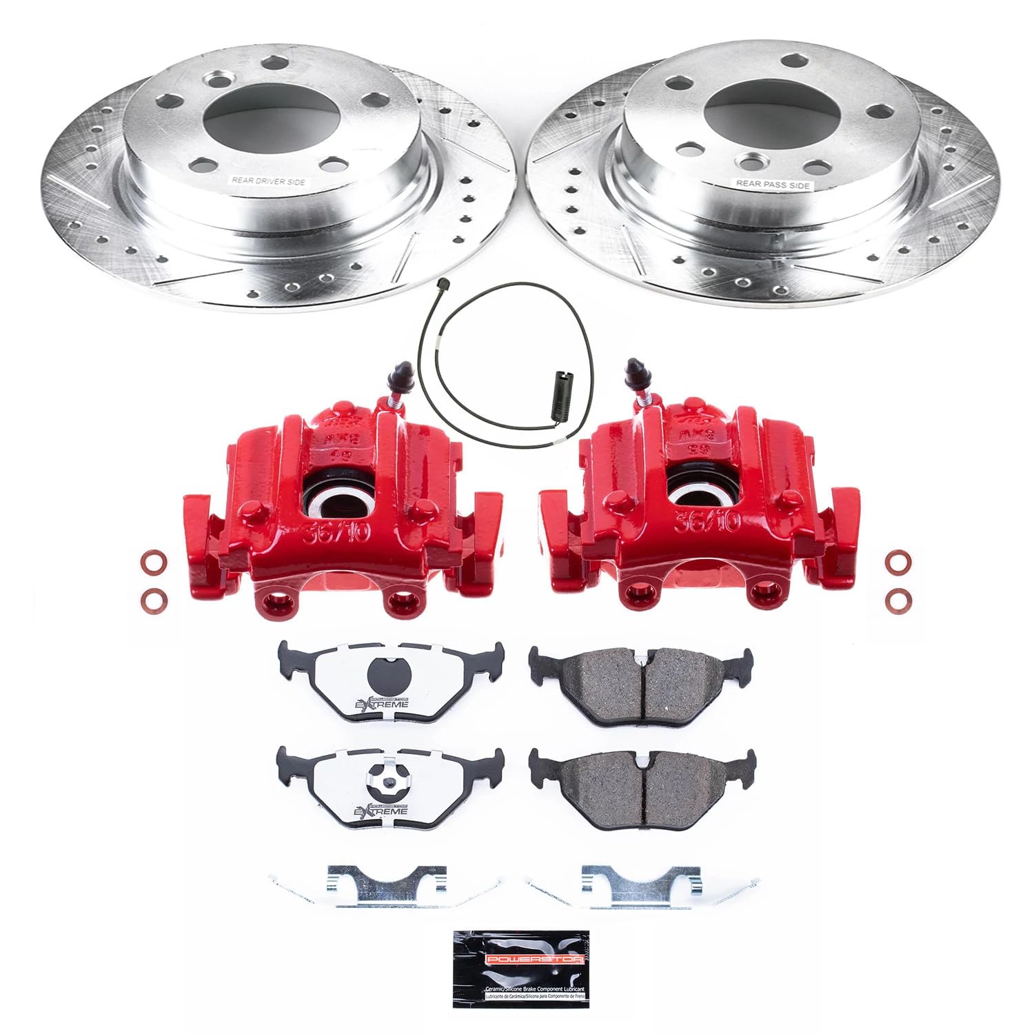 Power Stop Z26 KC633-26, Street Warrior Rear Caliper Kit-Drilled/Slotted Rotors, Carbon Ceramic Brake Pads, Calipers For BMW Z3 1996-2002 [Model Specific]