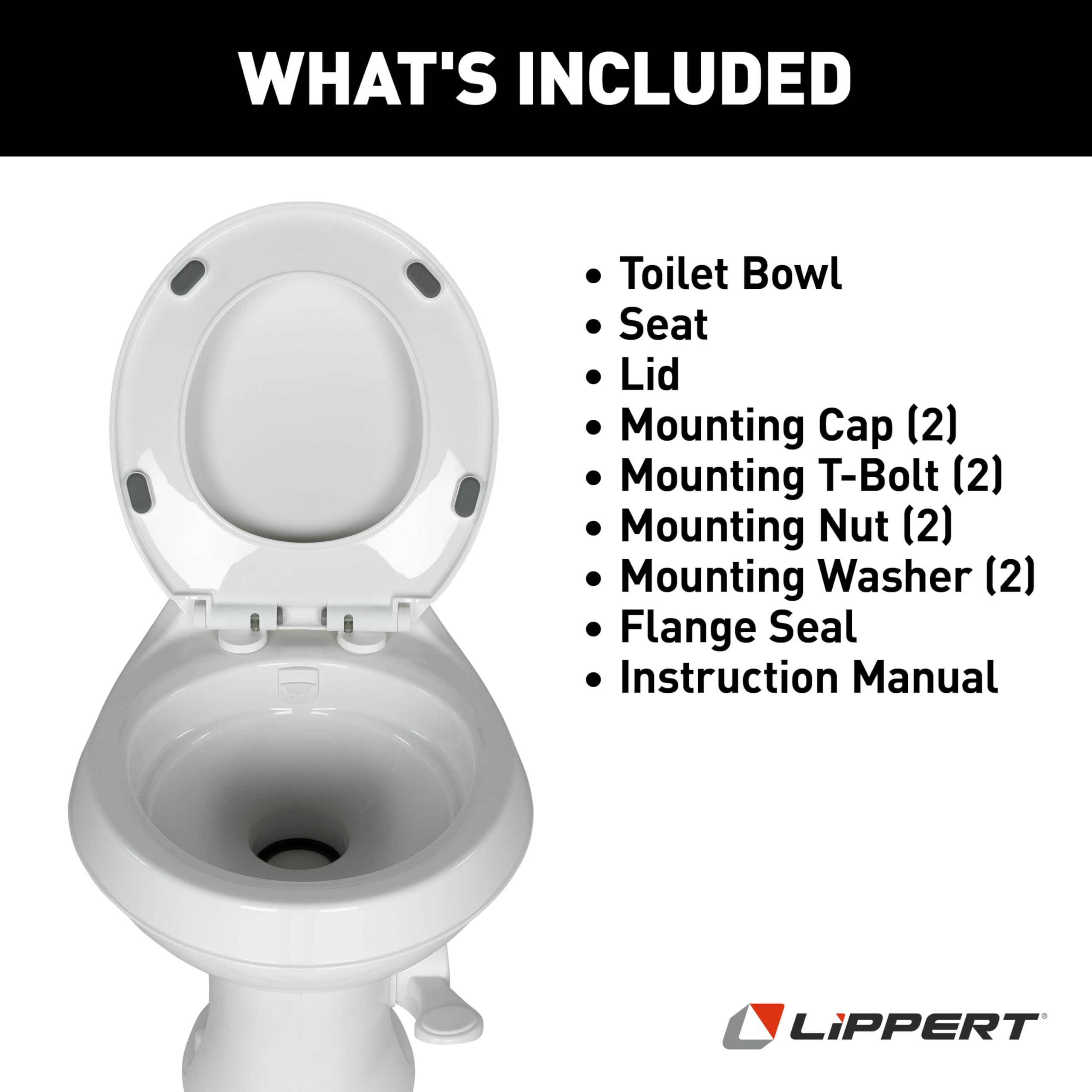 RV Camper Toilet Flow Max White with Round Plastic Bowl, 18" Standard Profile, Full-Size Residential Seat, Soft-Close Lid, Efficient Flush - 2024030310
