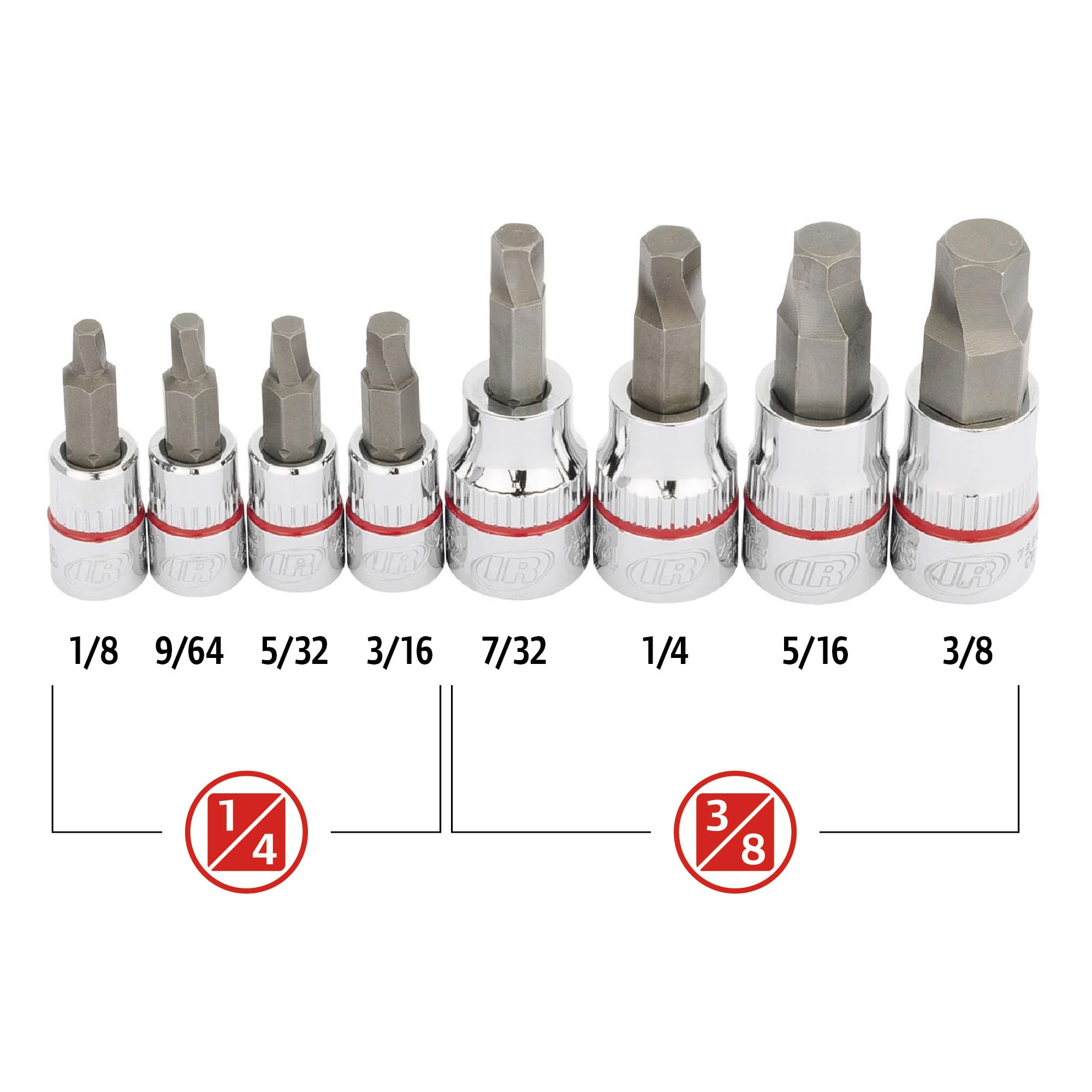 8 Piece Ingersoll Rand SAE Damaged Fastener Remover Set, Hex Bit Socket Kit for Rounded and Stripped Bolts, Thermoform Socket Storage Tray - 752042