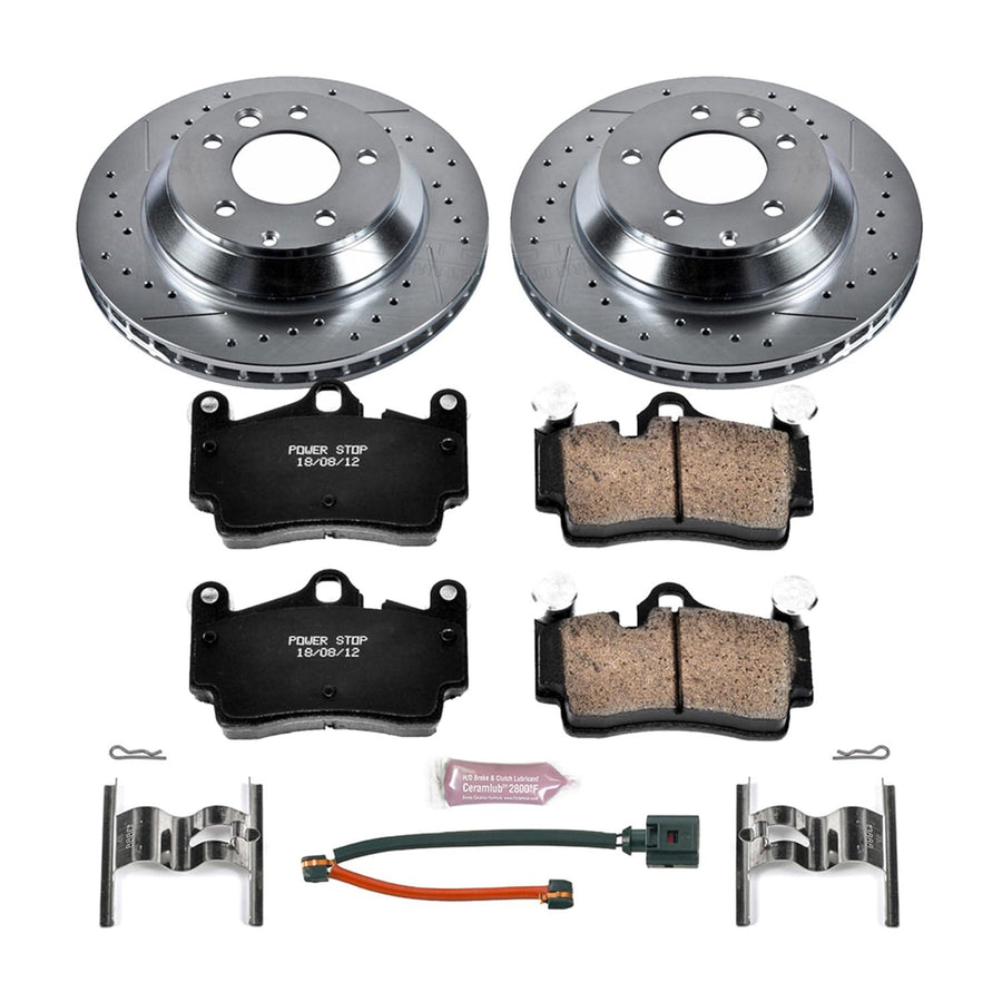 Power Stop K5312 Z23 Rear Carbon Fiber Brake Pads with Drilled & Slotted Brake Rotors Kit and 2 Rear Sensor Wires For Audi Q7, Porsche Cayenne, Porsche Cayenne, VW Touareg [Model Specific]