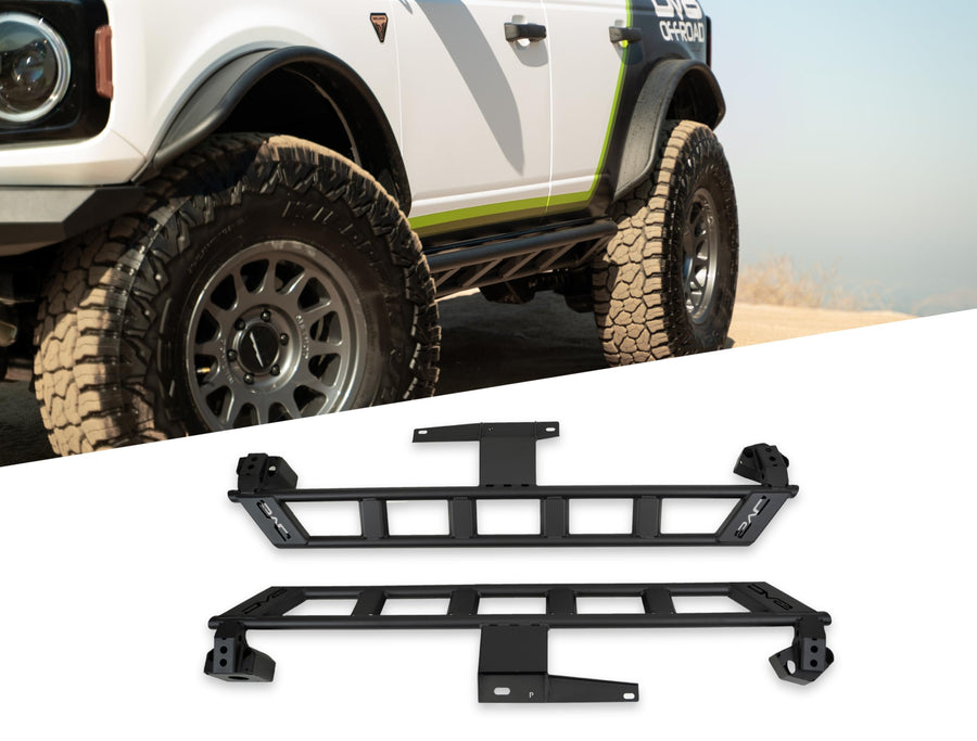 DV8 Offroad 4-Door FS-15 Rock Sliders V2 for 2021-2025 Ford Bronco | Protects Side Body Panels | Large Center Supports for Stability | Steel Construction | Black Powder Coat Finish | Sold as a Pair