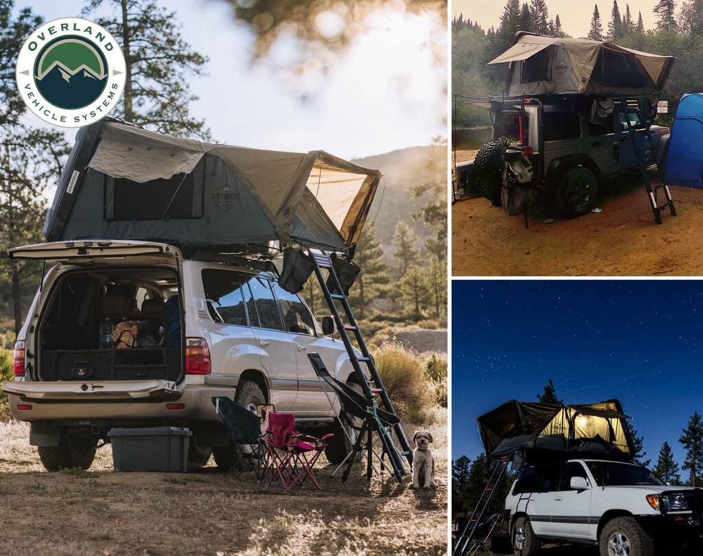 Bushveld II Overland Vehicle Systems Hard Shell Clam Shell Roof Top Tent with Aluminum Base Dark Grey Body and Green Rainfly - 2 Person Tent - Four Seasons Ready