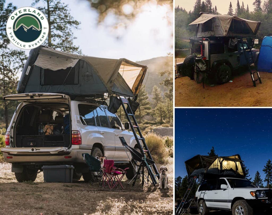 Bushveld II Overland Vehicle Systems Hard Shell Clam Shell Roof Top Tent with Aluminum Base Dark Grey Body and Green Rainfly - 2 Person Tent - Four Seasons Ready