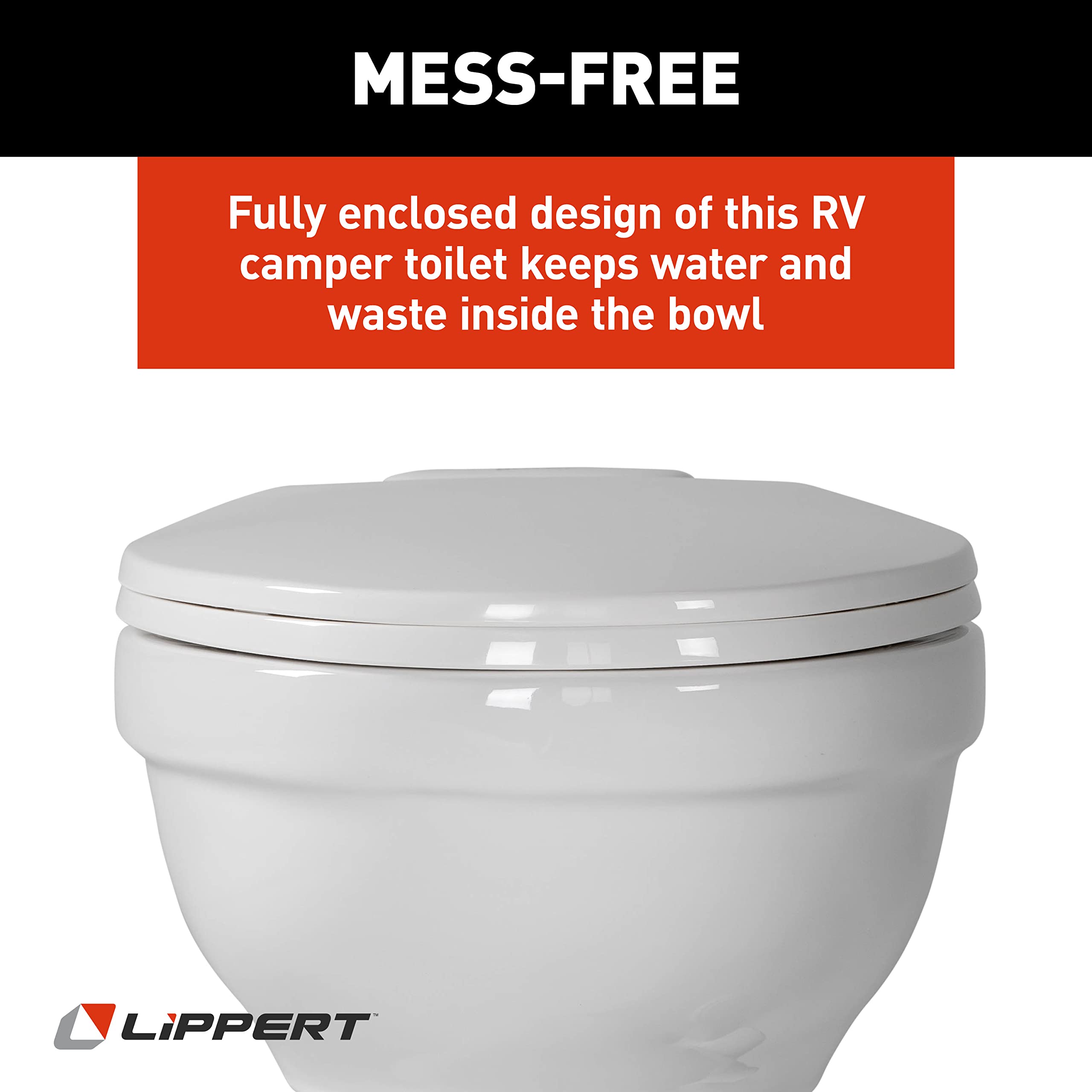 Lippert RV Toilet Flow Max with Elongated Ceramic Bowl, 18" Standard Profile, Full-Size Residential Seat, Easy-Close Lid, Efficient Flush - 2022113192