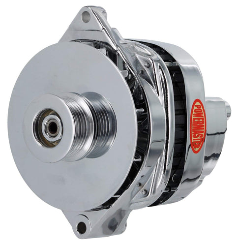 Alt GM CS144 Powermaster Chrome 200A 6 grv Pulley/Baffle Str MTG Threaded MTG Ear 1-Wire or OE Hookup
