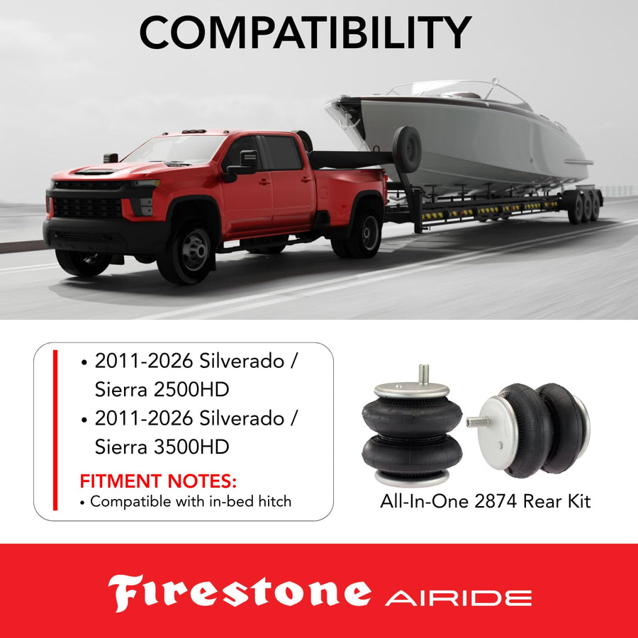 Airide Firestone 2874 All-In-One Wireless Rear Air Spring Kit fits 2011-2026 Silverado & Sierra 2500HD 3500HD | Up to 5,000 lbs Load Capacity | 5-100 PSI | Easy Installation