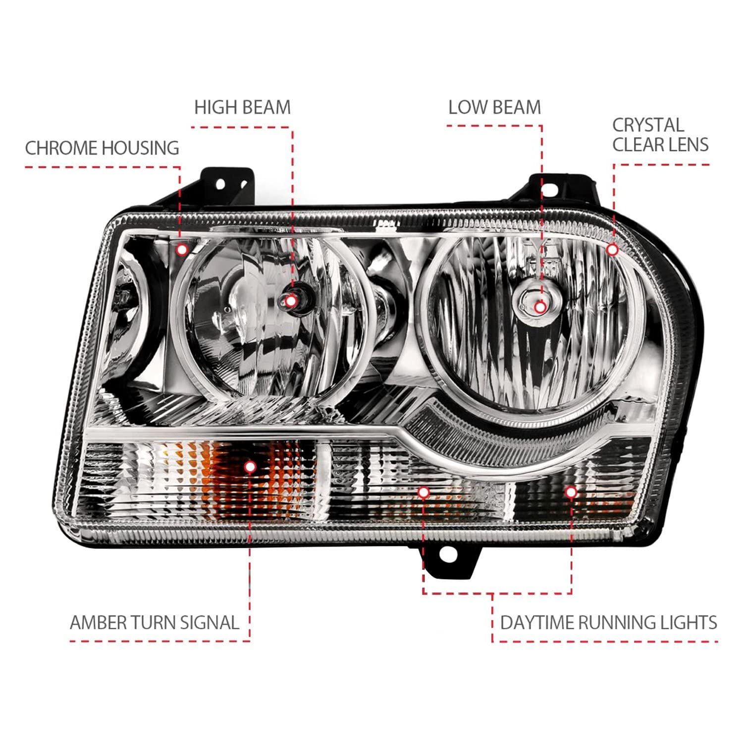 2005-2010 Chrysler 300 ANZO Crystal Headlight Chrome Amber