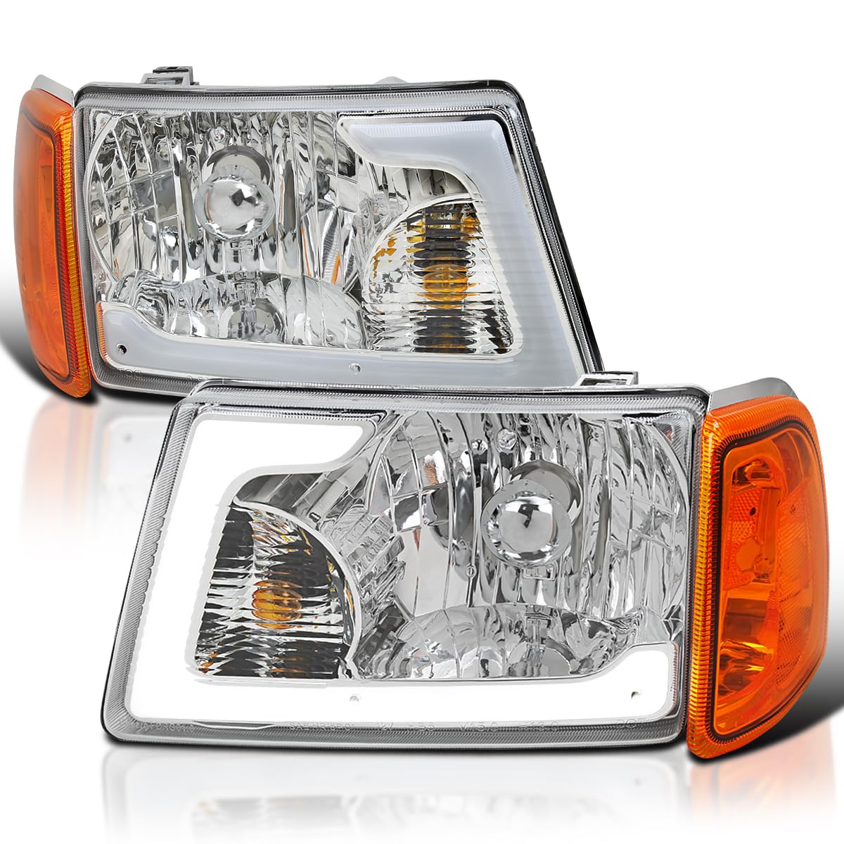 Chrome LED Tube Headlights SPEC-D TUNING Compatible with 2001-2011 Ford Ranger, Left + Right Pair Headlamps Assembly