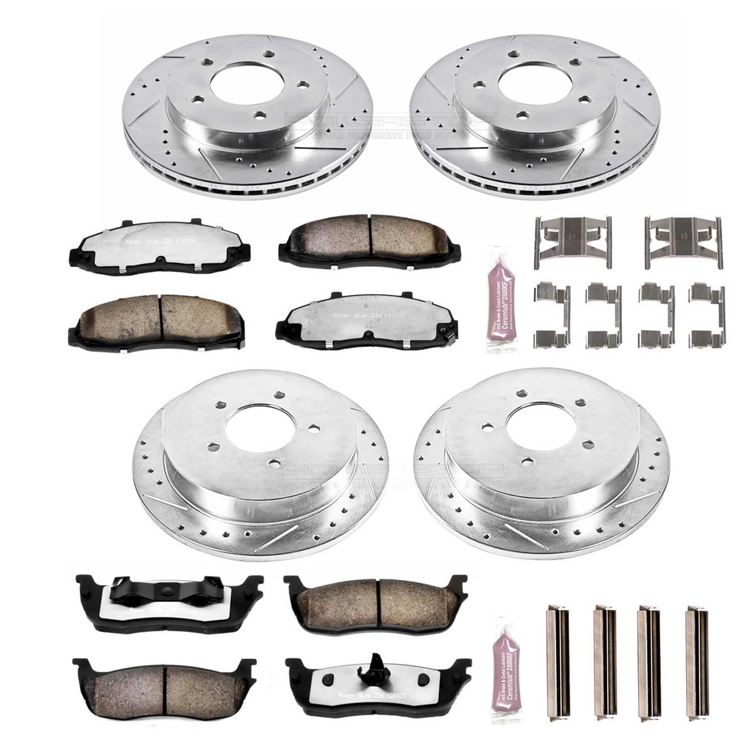 Power Stop K1867-36 Z36 Truck & Tow Front and Rear Brake Kit, Carbon Fiber Ceramic Brake Pads and Drilled/Slotted Brake Rotors For Ford F-150 1999-2000 [Model Specific]