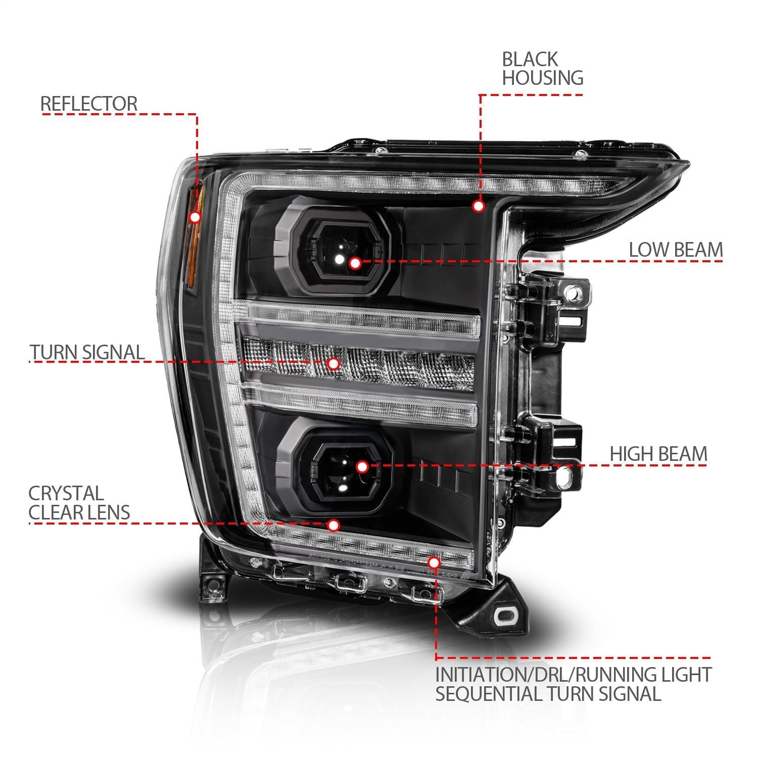 Passenger Side ANZO 111594-R Black Light Tube Projector LED Headlight With DRL And Sequential Turn Signal