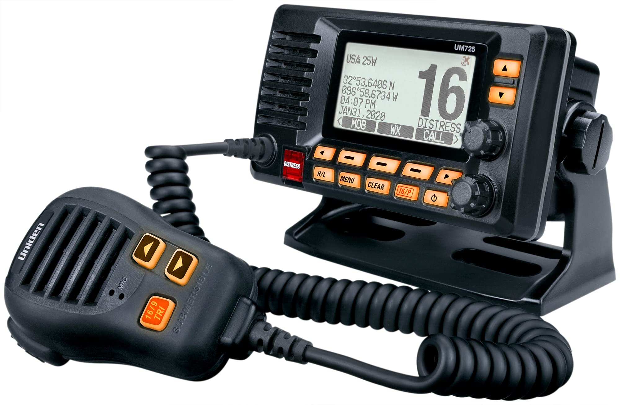 Marine VHF Radio Uniden UM725BK, All USA, Canada, and Int'l. Marine Channels, 1Watt/25Watt Transmit Power, Largest LCD Screen in Class, NOAA Weather Channels w/Alerts, Speaker Mic, IPX8 Waterproof