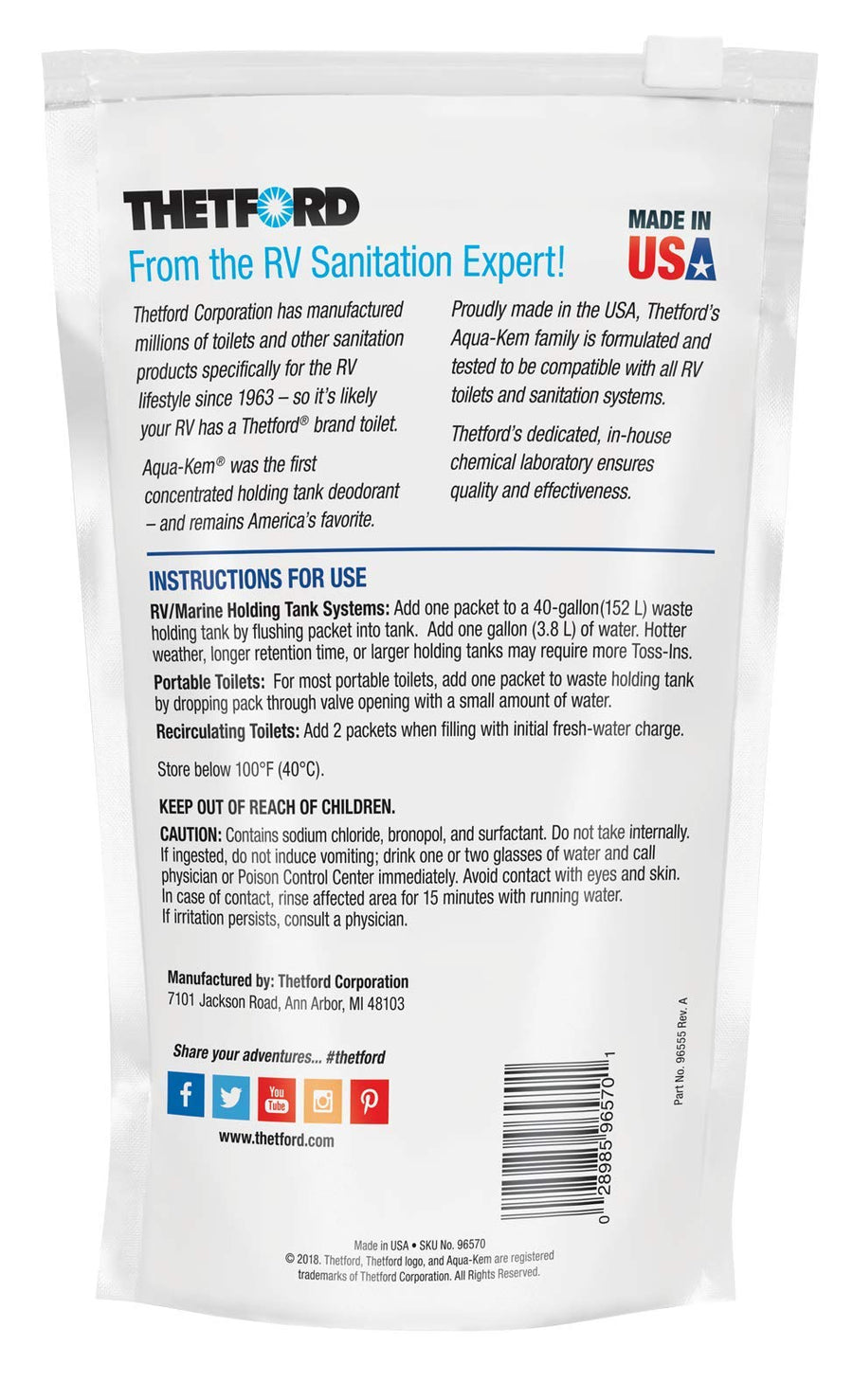 Aqua-KEM Toss-Ins Morning Sky RV Holding Tank Treatment - Deodorant/Waste Digester/Detergent - Pack of 16 - Thetford 96570
