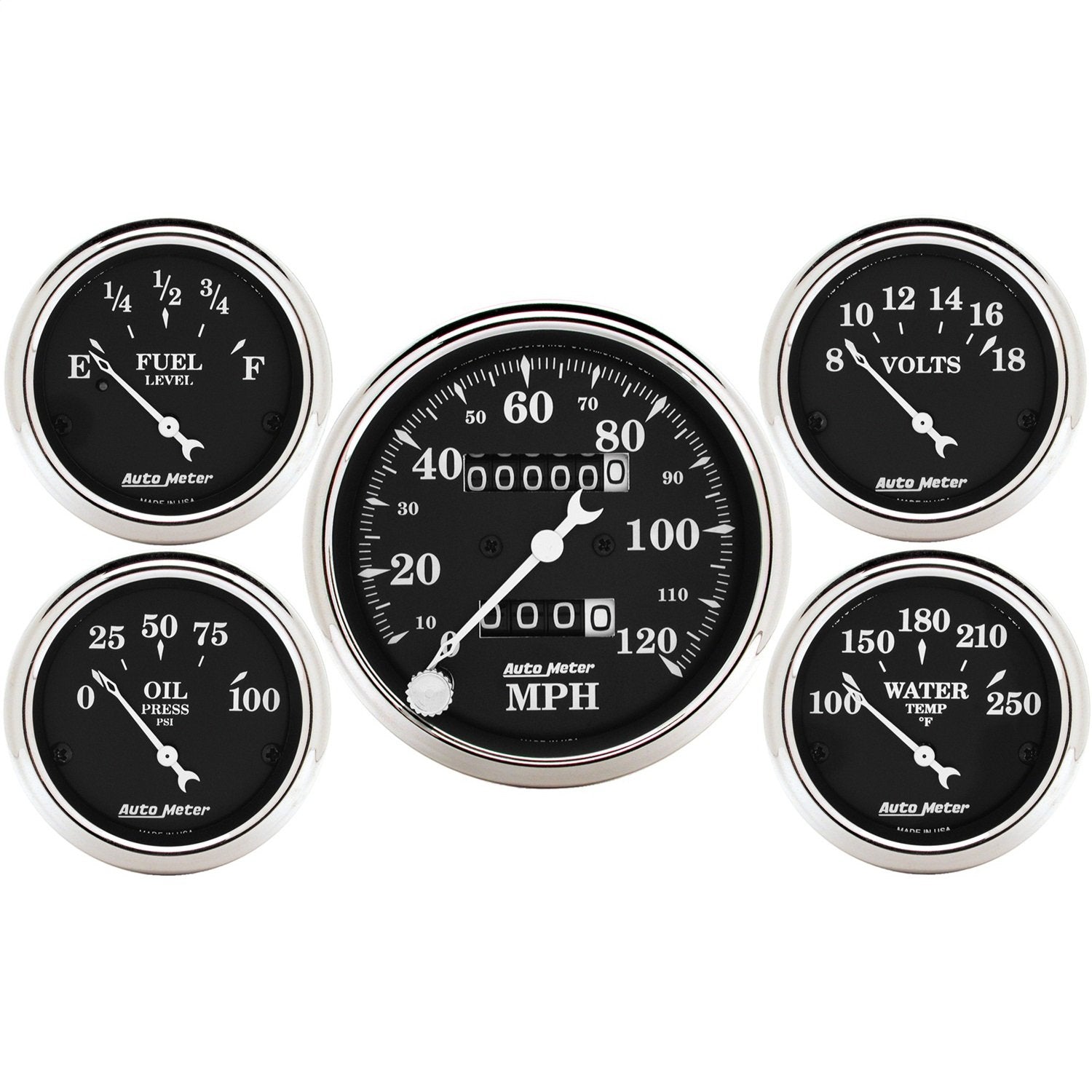 Auto Meter 5 Gauge Kit Old Tyme Black; Speedo/Oil/Water/Volt/Fuel