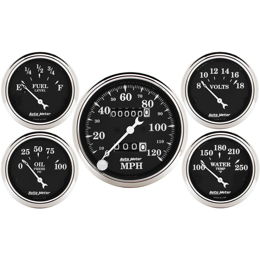Auto Meter 5 Gauge Kit Old Tyme Black; Speedo/Oil/Water/Volt/Fuel