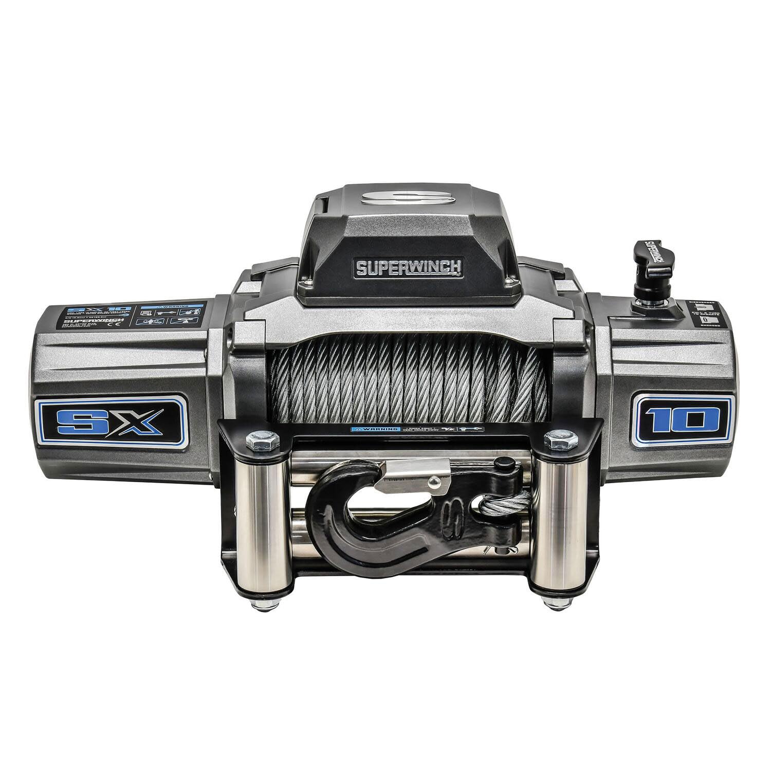 12V DC Superwinch SX10 Waterproof Electric Recovery Winch 10,000lb/4,536kg Single Line Pull with Roller Fairlead 3/8in x 80ft Steel Wire Rope Corded Handheld Remote No-Bind Clutch