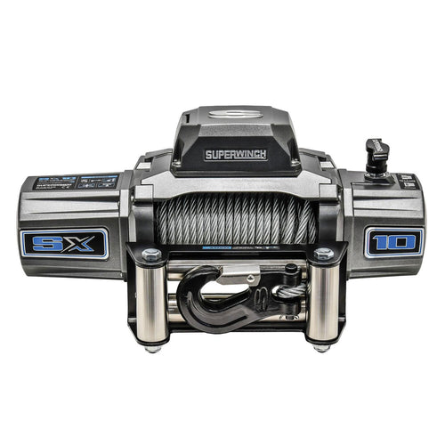 12V DC Superwinch SX10 Waterproof Electric Recovery Winch 10,000lb/4,536kg Single Line Pull with Roller Fairlead 3/8in x 80ft Steel Wire Rope Corded Handheld Remote No-Bind Clutch
