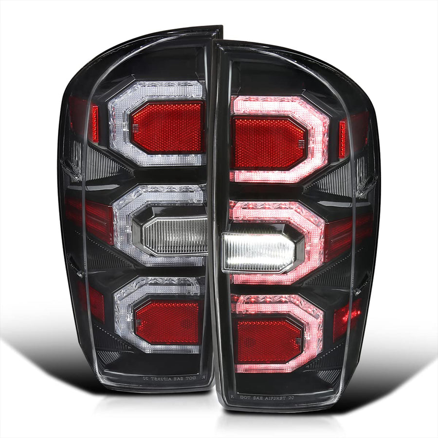Spec-D Tuning Clear Lens Jet Black Housing LED Tail Lights w/Sequential DRL Strips Compatible with 2016-2022 Toyota Tacoma, Left + Right Pair Assembly