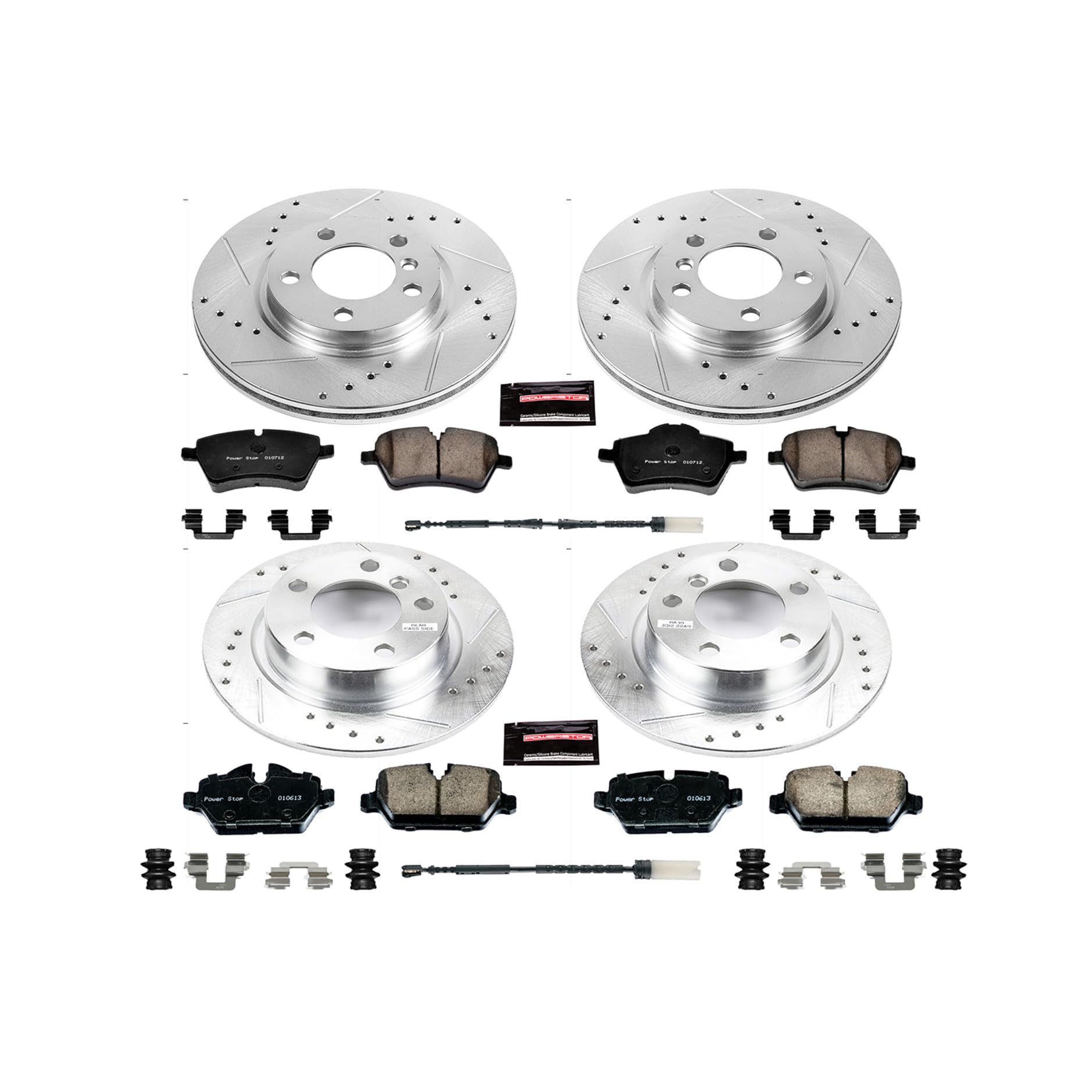 Power Stop K6666 Z23 Carbon Fiber Brake Pads Front and Rear with Drilled & Slotted Brake Rotors Kit and 1 Front & 1 Rear Sensor Wires For Mini Cooper Countryman, Mini Cooper Paceman [Model Specific]