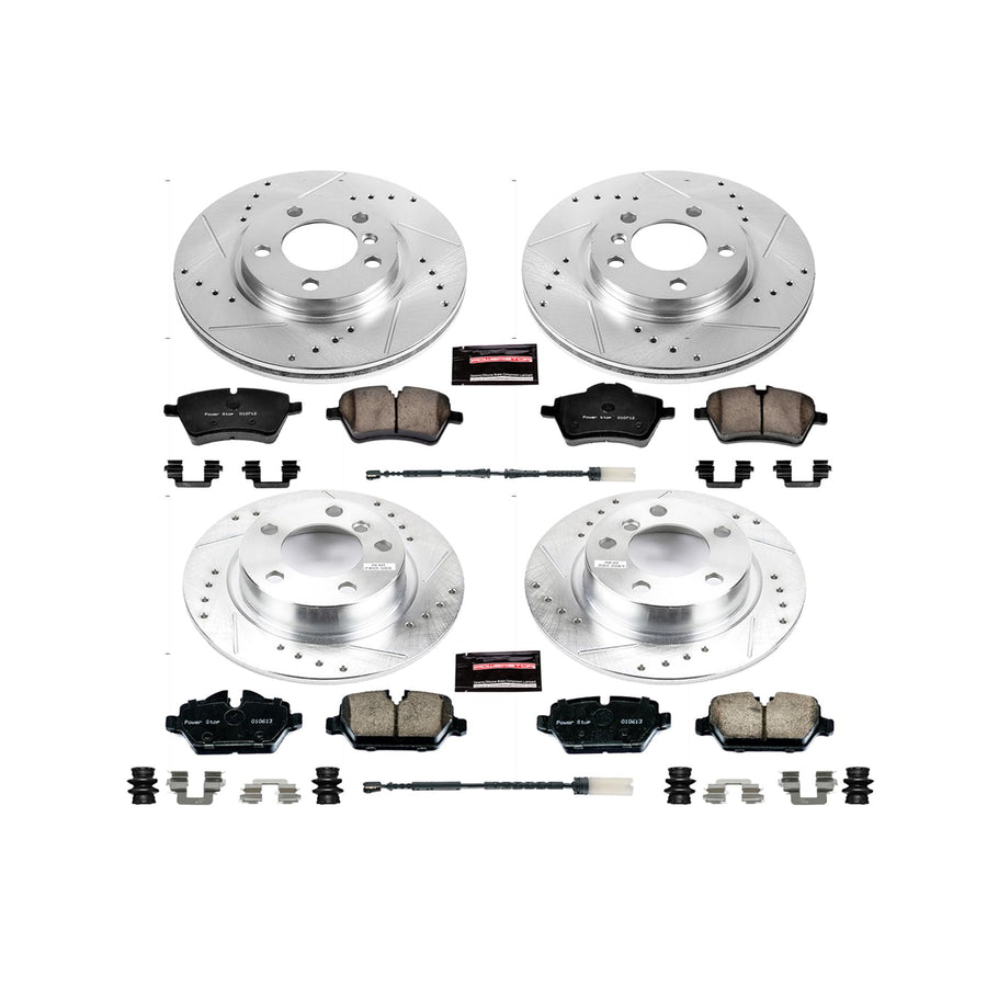 Power Stop K6666 Z23 Carbon Fiber Brake Pads Front and Rear with Drilled & Slotted Brake Rotors Kit and 1 Front & 1 Rear Sensor Wires For Mini Cooper Countryman, Mini Cooper Paceman [Model Specific]