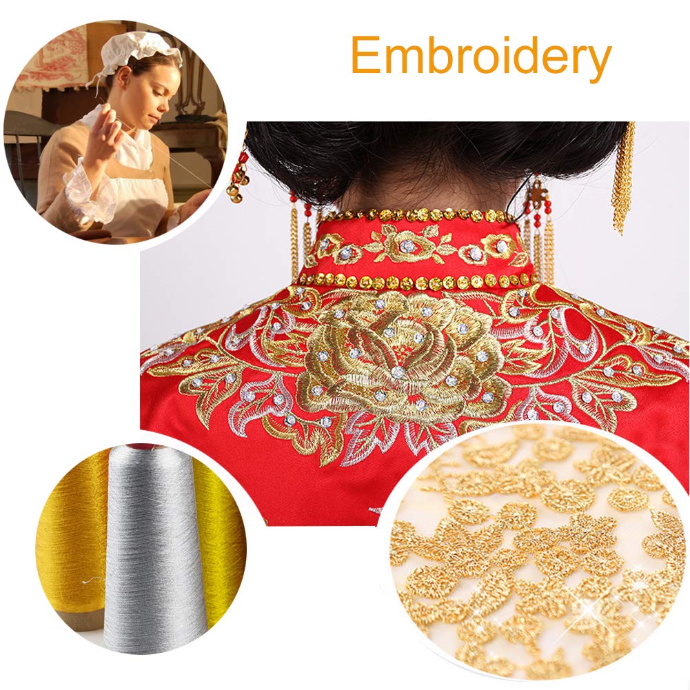 2 Spools JEWELEADER 6500 Yards Gold Silver Machine Embroidery Threads Polyester Sewing Thread Cross Stitch Floss for Making Handicraft Tassel Quilting Clothing Home Textile Decoration 3280 Yards/Spool