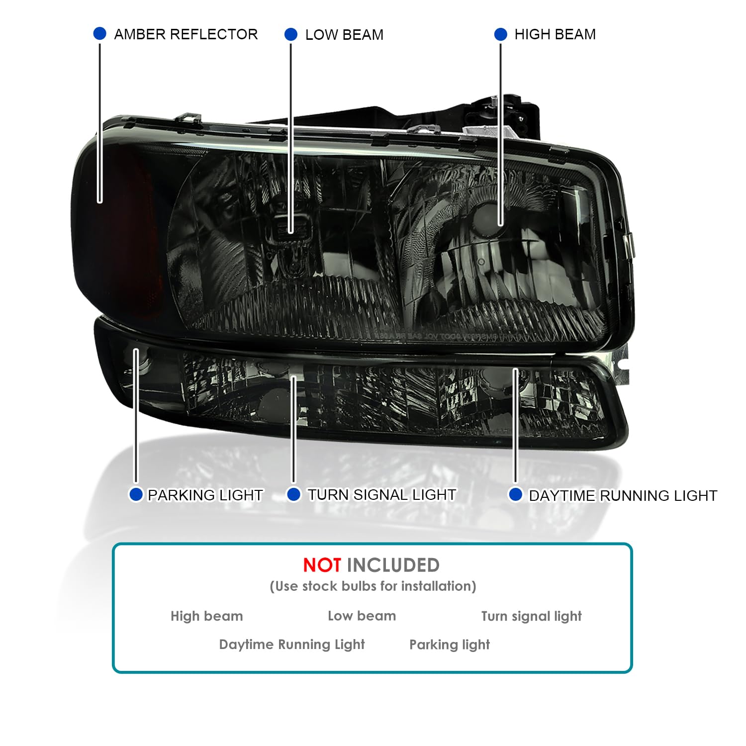 Smoke Headlights + Bumper Lights SPEC-D TUNING Compatible with 1999-2006 GMC Sierra 1500/2500/3500, Left + Right Pair Headlamps Assembly