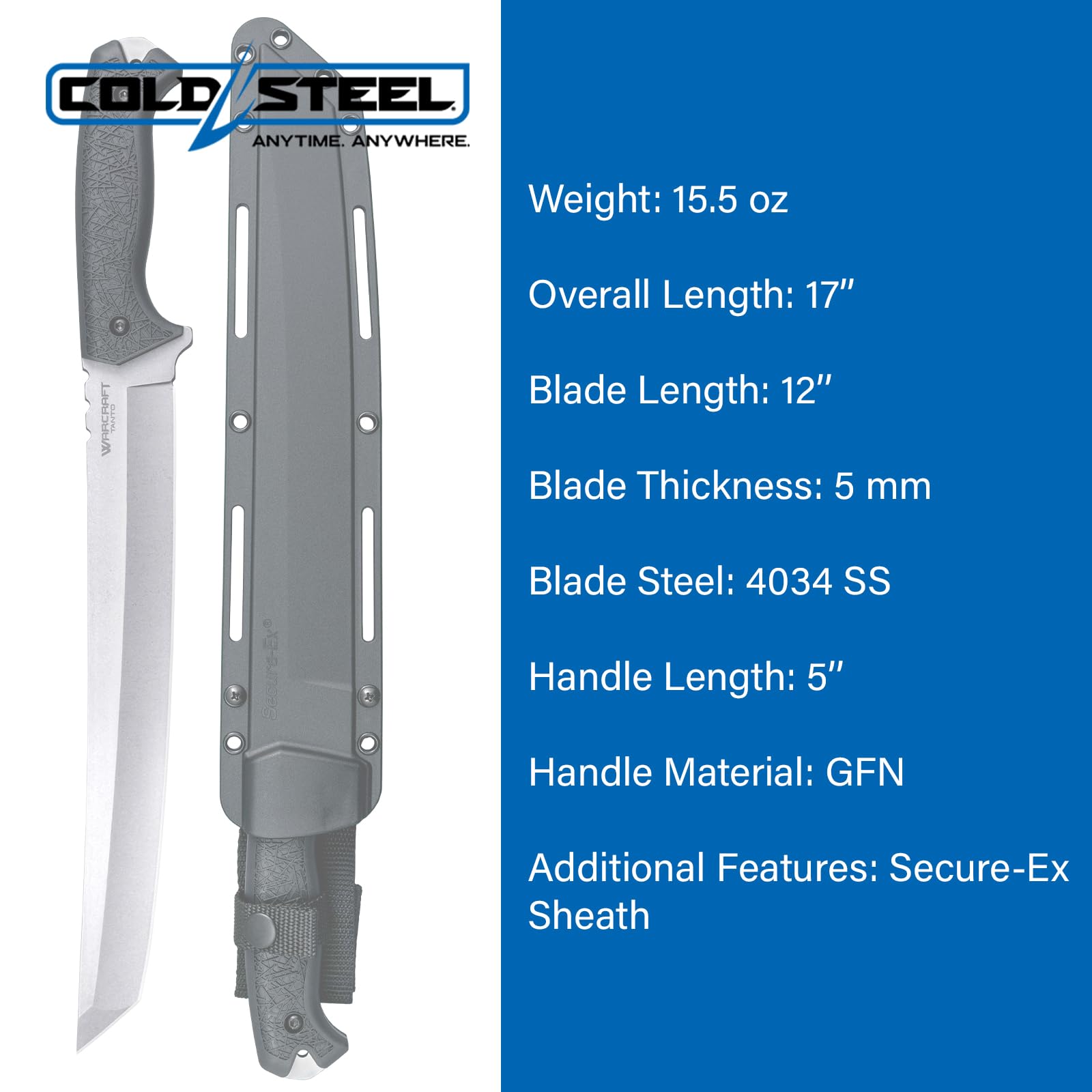 Cold Steel Warcraft Magnum Tanto 4034SS / 17" Overall / 5MM Thick / 4034 Steel/GRIV-EX™ Handle/Secure-EX™ Sheath, Black