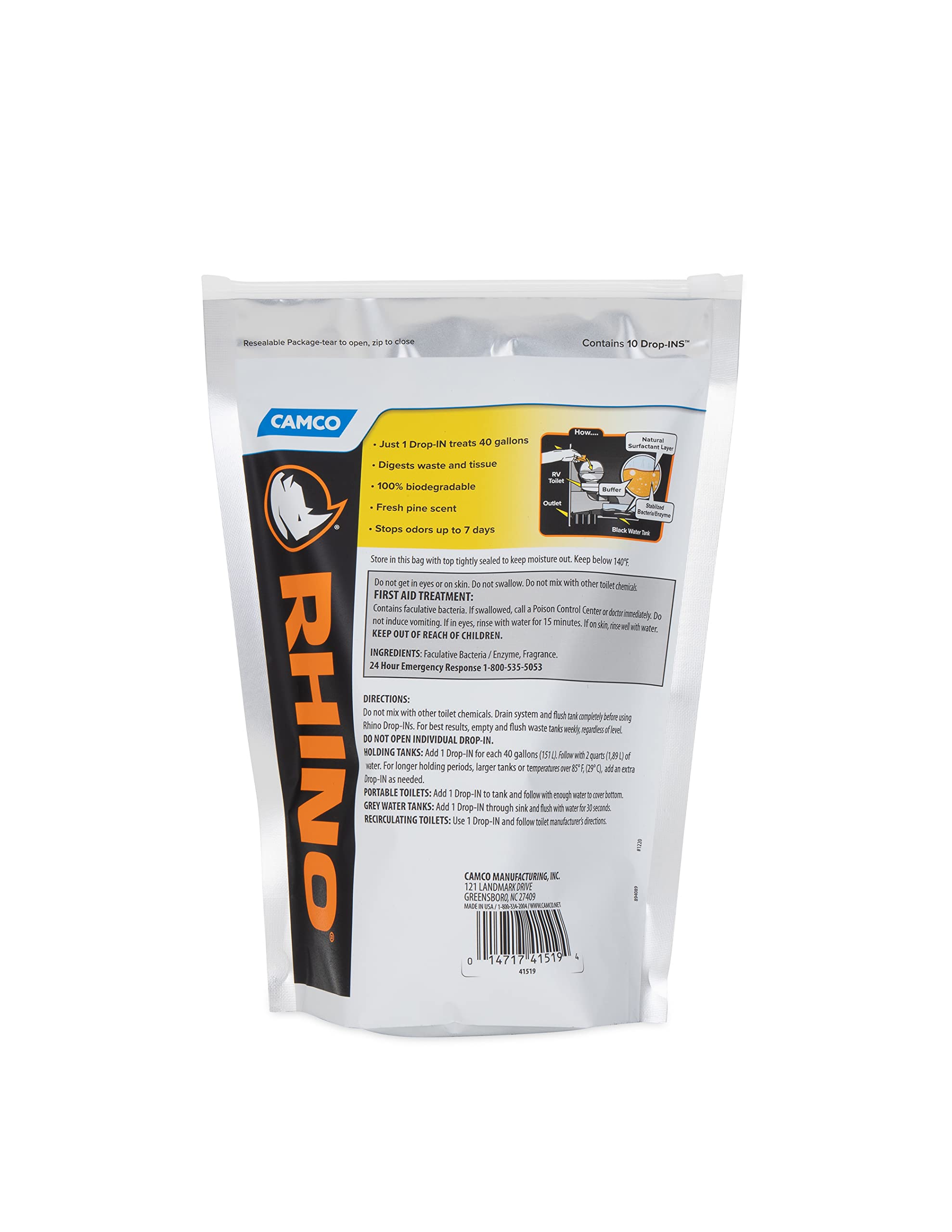 RhinoFLEX Camco Premium Enzyme RV Holding Tank Treatment Drop-INs | Features a Biodegradable Septic Safe Formula, a Pine Scent, and is Ideal for RVing, Boating, and More | 10 Count (41519)