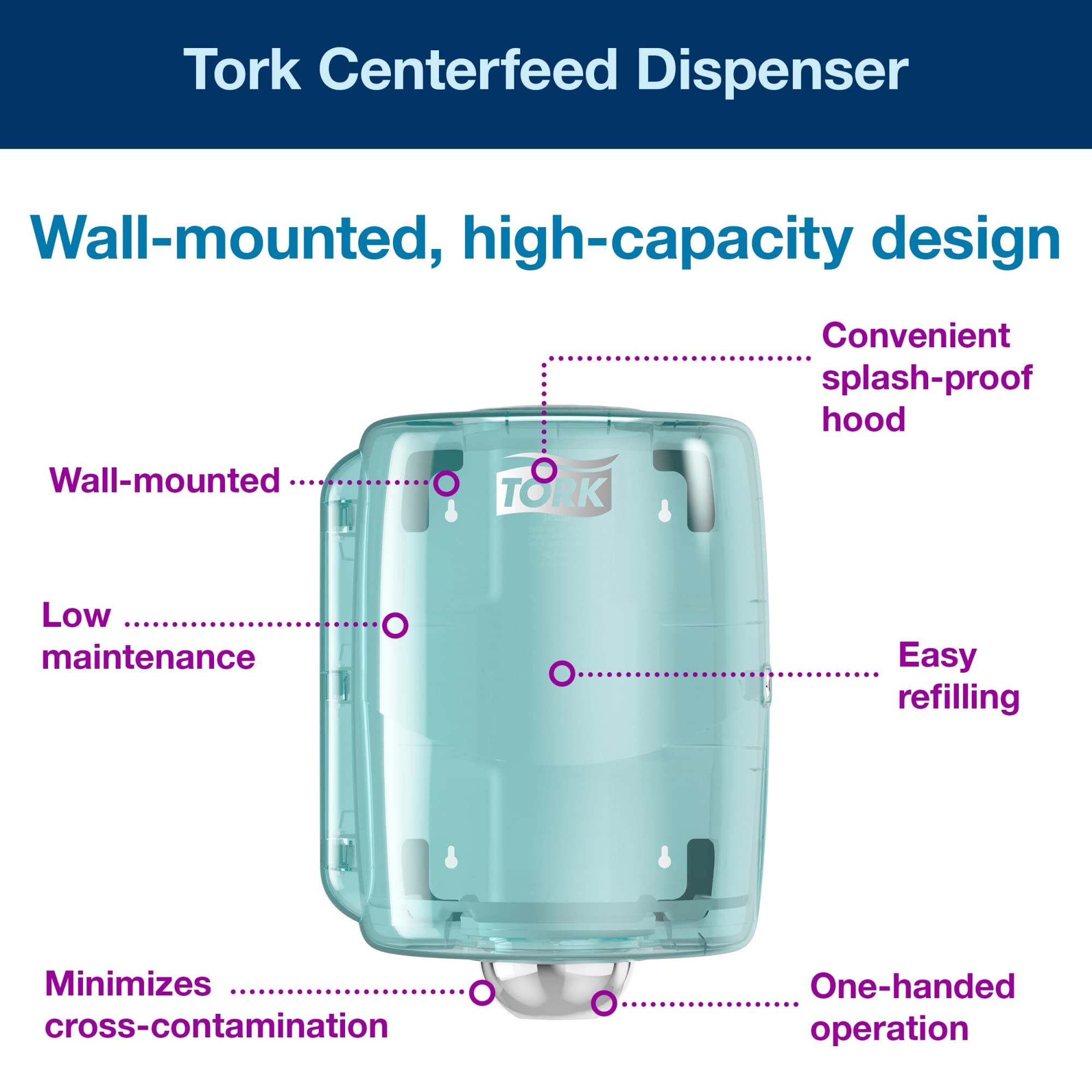 Tork Centerfeed Maxi Roll Dispenser Aqua/White W2, High Capacity, Performance Range, 653020