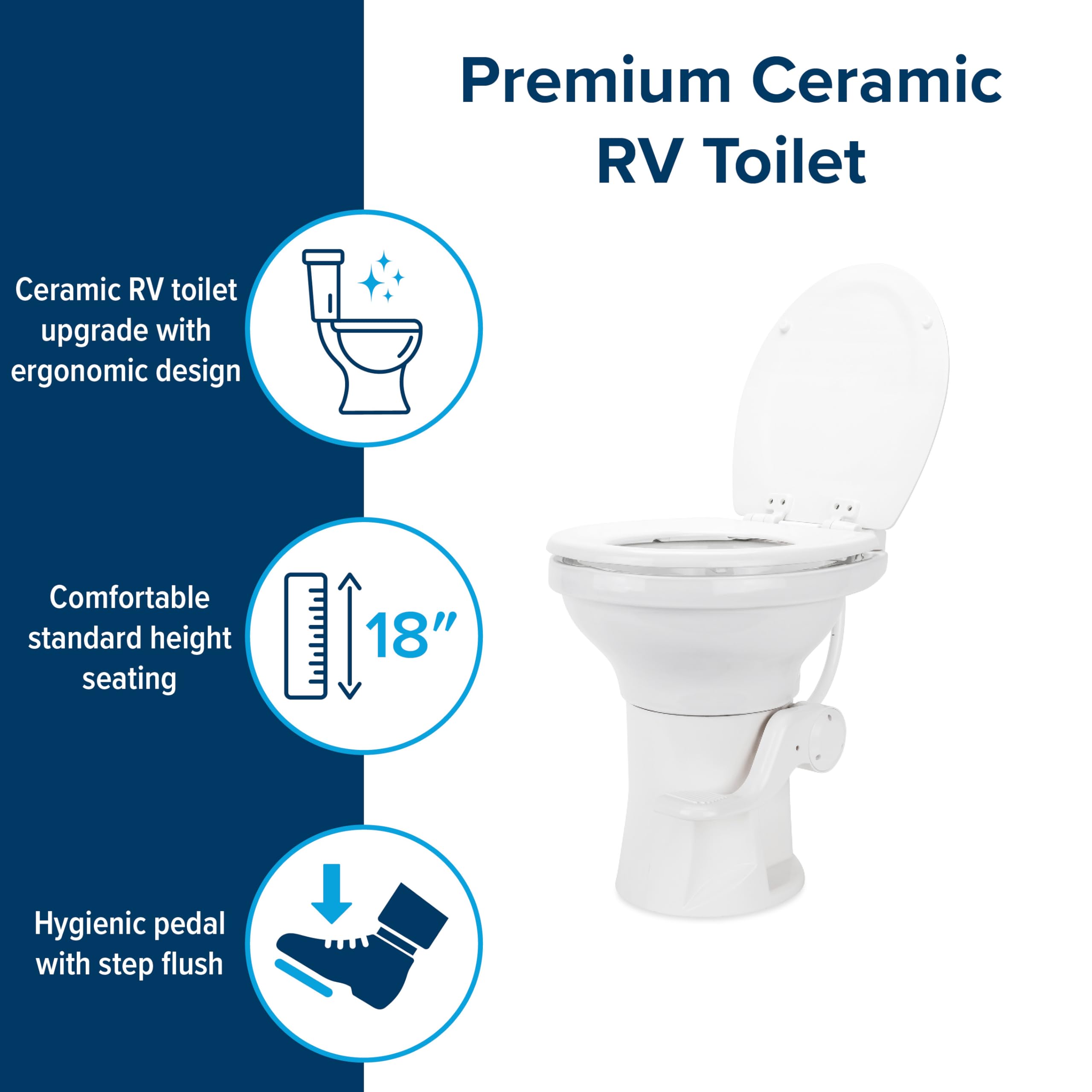 Camco Premium Camper/RV Ceramic Toilet - Features Gravity Flush System with Convenient Foot Pedal & Full-Sized Ergonomic Design with 18" Chair Height - Soft-Close Wood Seat & Lid - White (41710)