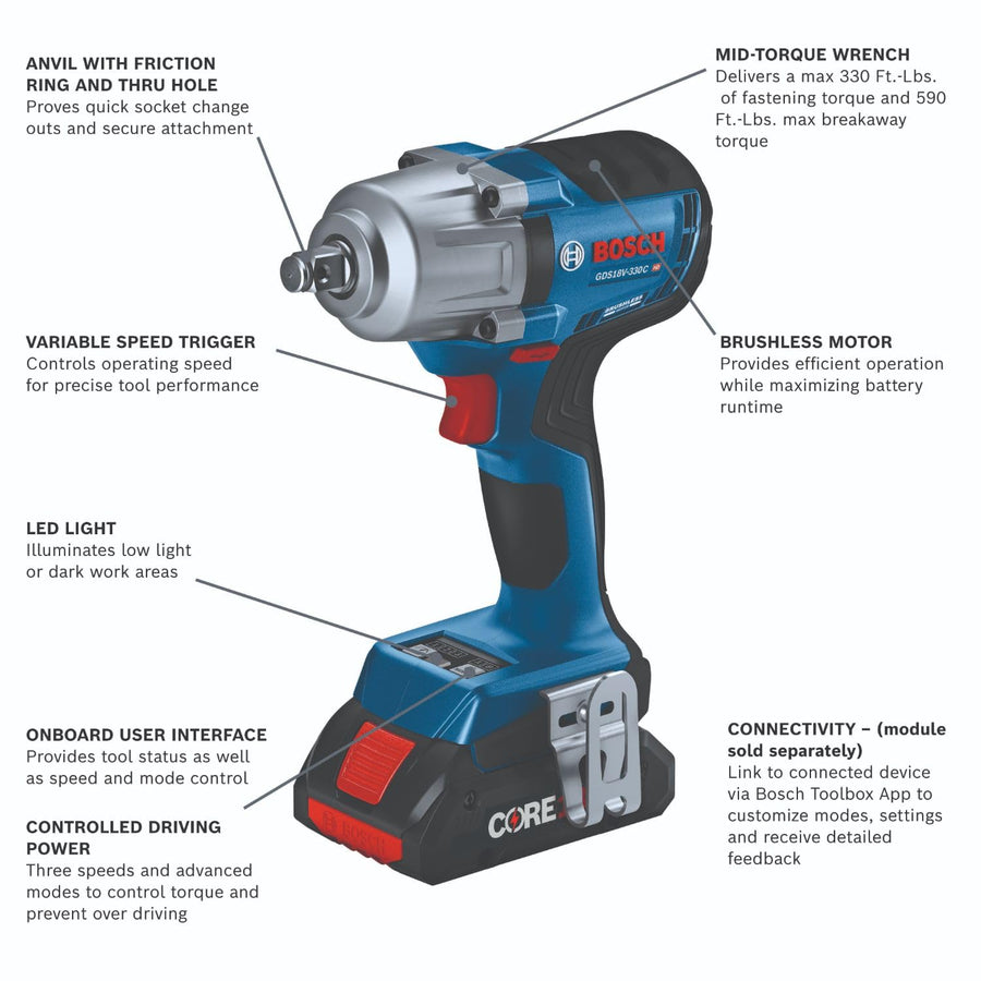 Bosch GDS18V-330CB25 1/2 In. Mid-Torque Impact Wrench Kit with Friction Ring and Thru-Hole 18V Brushless Connected-Ready and (2) CORE18V® 4 Ah Advanced Power Batteries