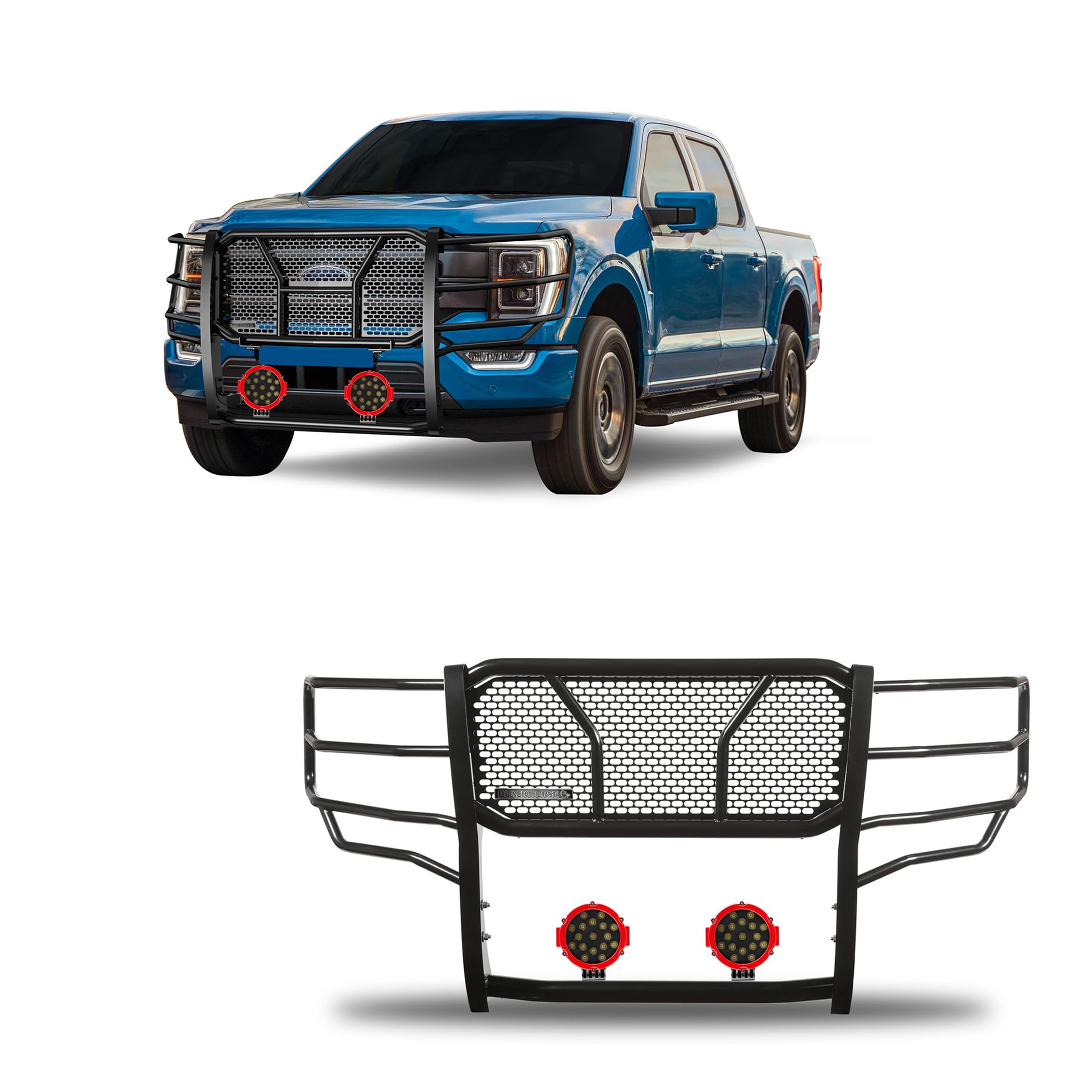 Heavy Duty Black Horse Rugged Grille Brush Bumper Guard Modular Black Come with Pair of 7.0" Dia.LED Lights with Red Trim Rings Compatible with 2021-2024 Ford F-150-RU-FOF116-B-PLR